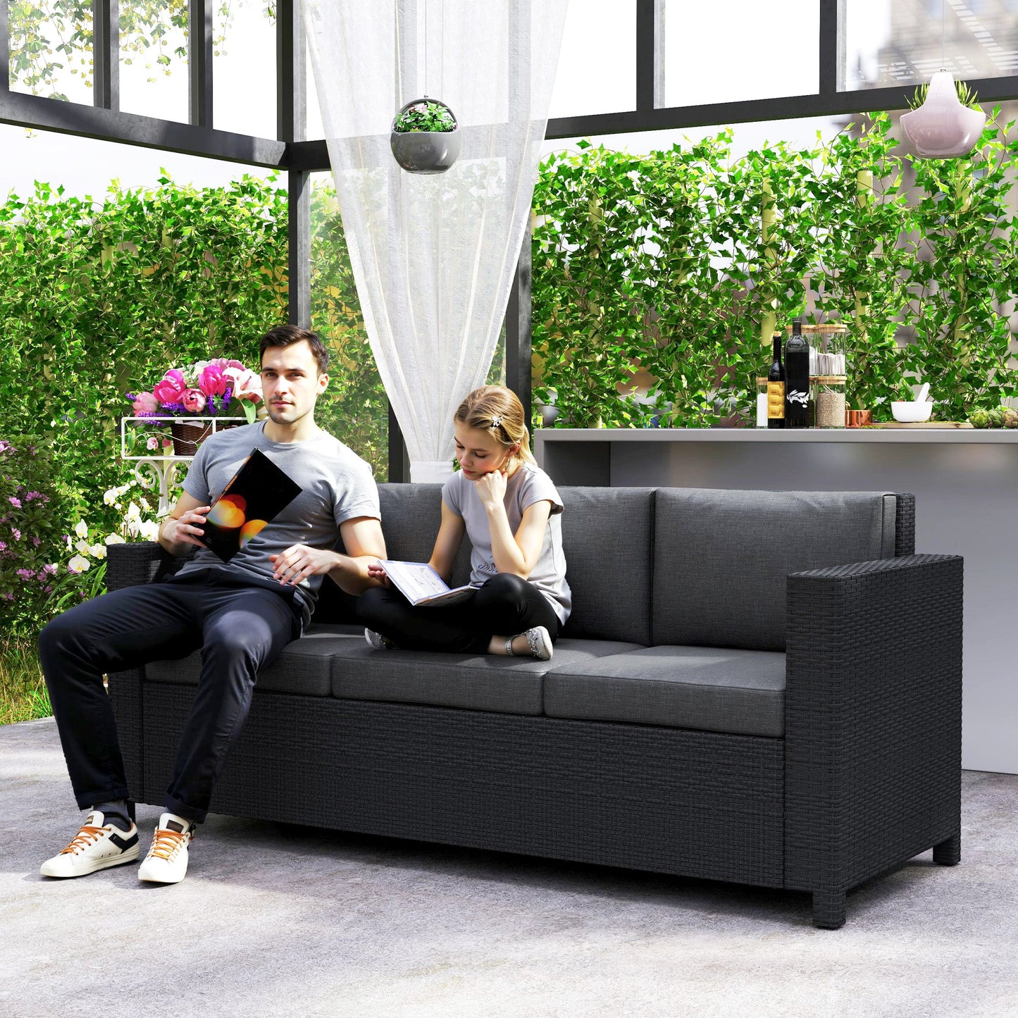 Deluxe 3 Seat Rattan Wicker Sofa Garden Outdoor Patio Furniture with Cushion, Grey