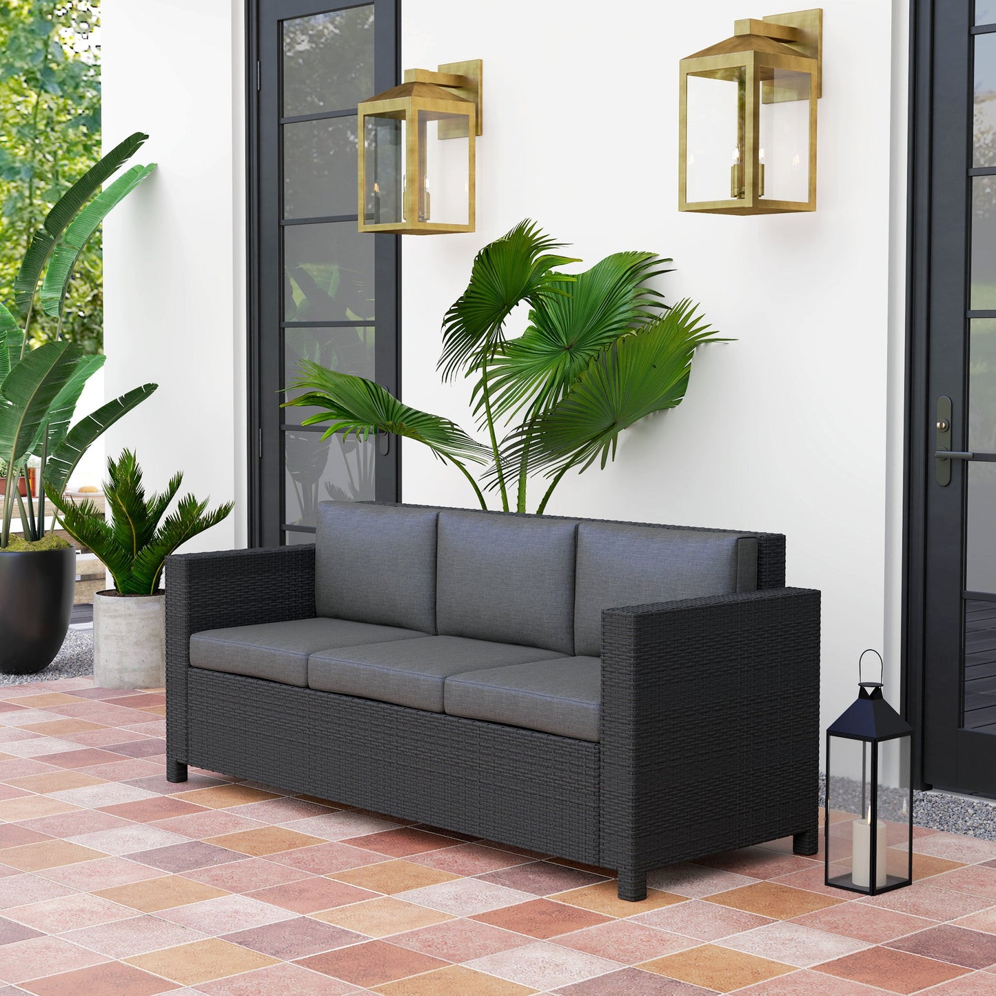 Deluxe 3 Seat Rattan Wicker Sofa Garden Outdoor Patio Furniture with Cushion, Grey