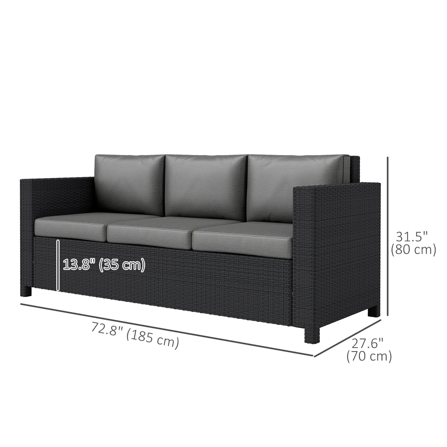 Deluxe 3 Seat Rattan Wicker Sofa Garden Outdoor Patio Furniture with Cushion, Grey