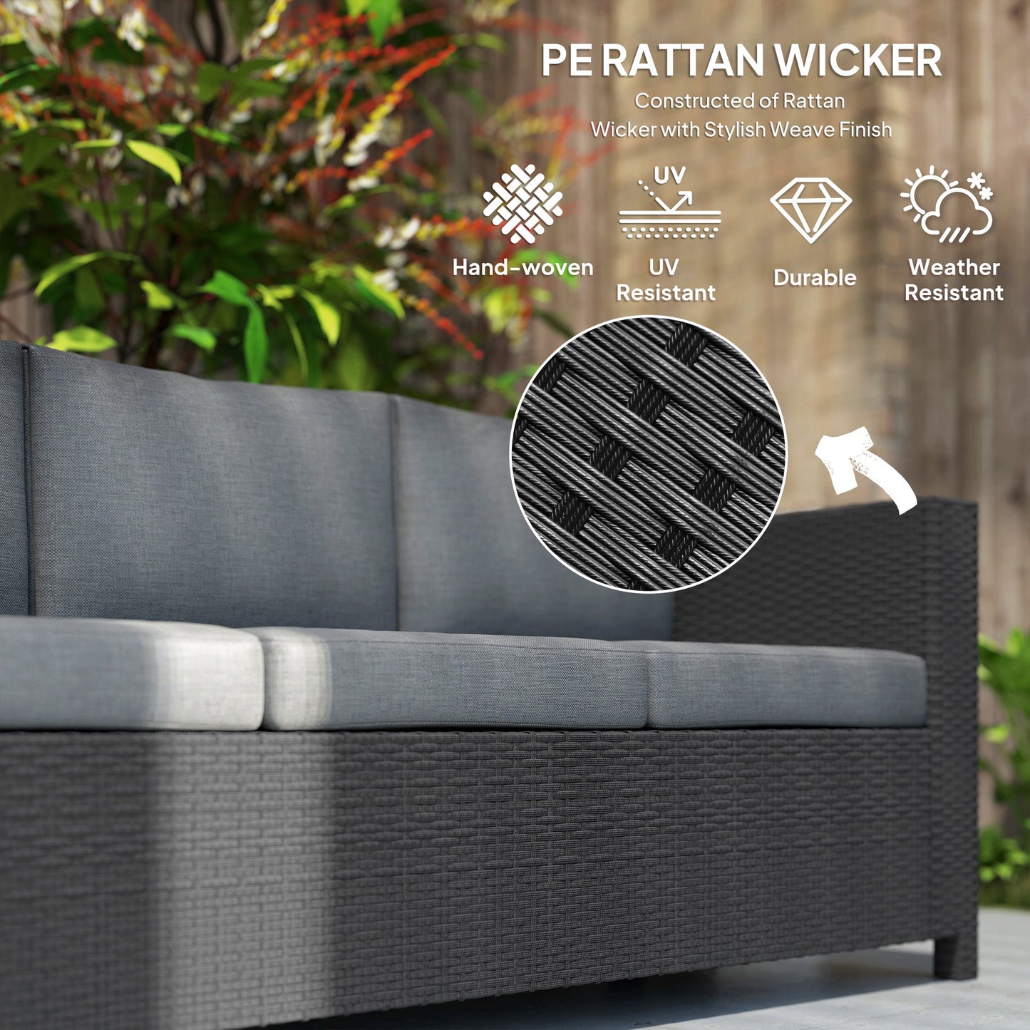Deluxe 3 Seat Rattan Wicker Sofa Garden Outdoor Patio Furniture with Cushion, Grey