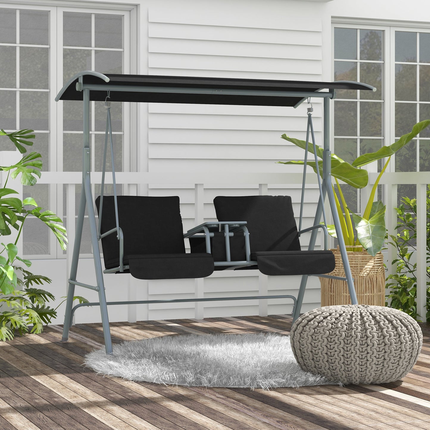 2 Person Porch Swing, Patio Swing Chair with Adjustable Canopy, Table and Storage bag for Outdoor, Garden, Backyard, Poolside, Black