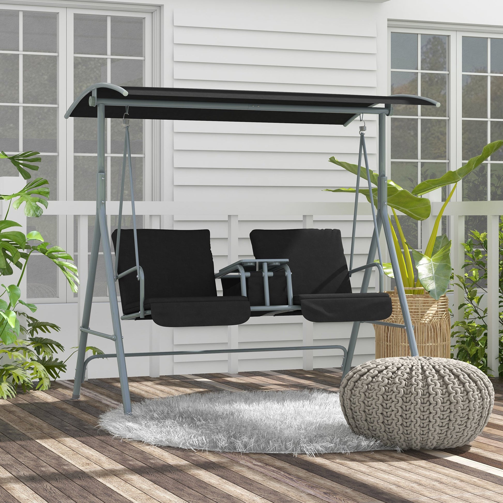 2 Person Porch Swing, Patio Swing Chair with Adjustable Canopy, Table and Storage bag for Outdoor, Garden, Backyard, Poolside, Black