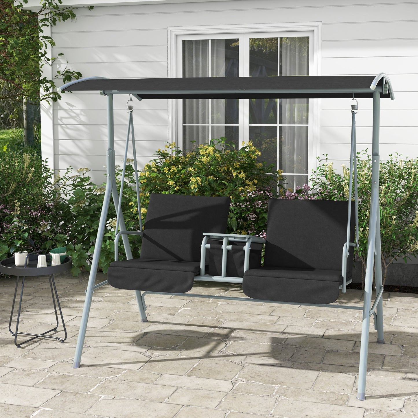2 Person Porch Swing, Patio Swing Chair with Adjustable Canopy, Table and Storage bag for Outdoor, Garden, Backyard, Poolside, Black
