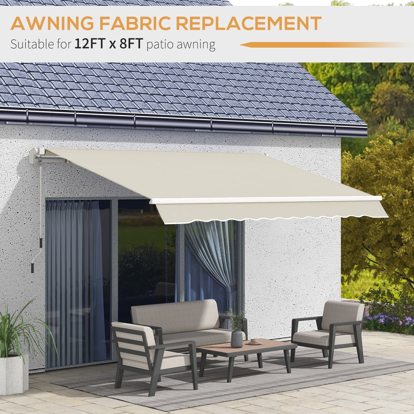 11' x 8' Retractable Awning Fabric Replacement Outdoor Sunshade Canopy Awning Cover, UV Protection, Cream White