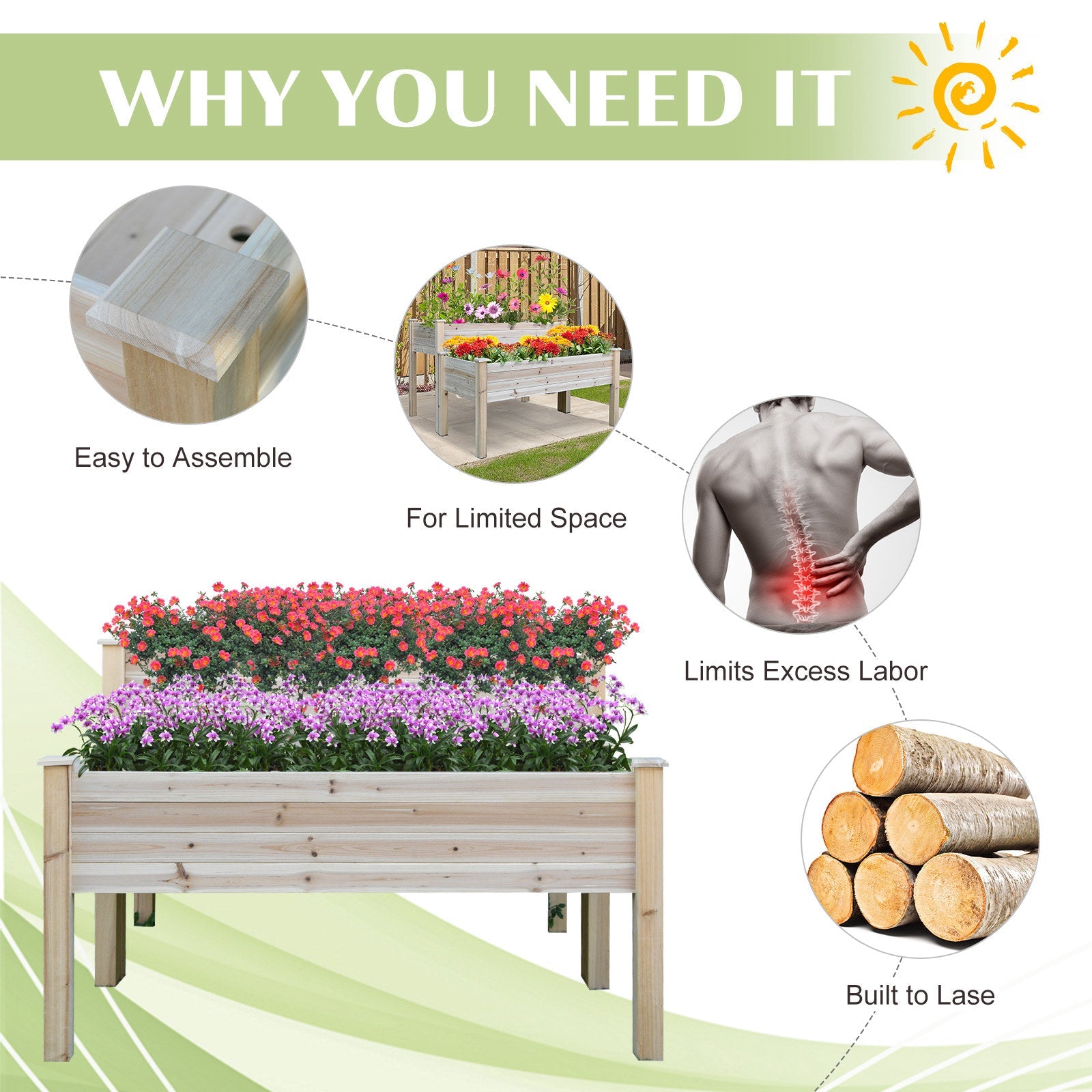 2 Tiers Raised Garden Bed, Wooden Elevated Planter Box with Legs Gardening Planting Bed with 2 Compartments for Flower Vegetable Herb Grow, Natural