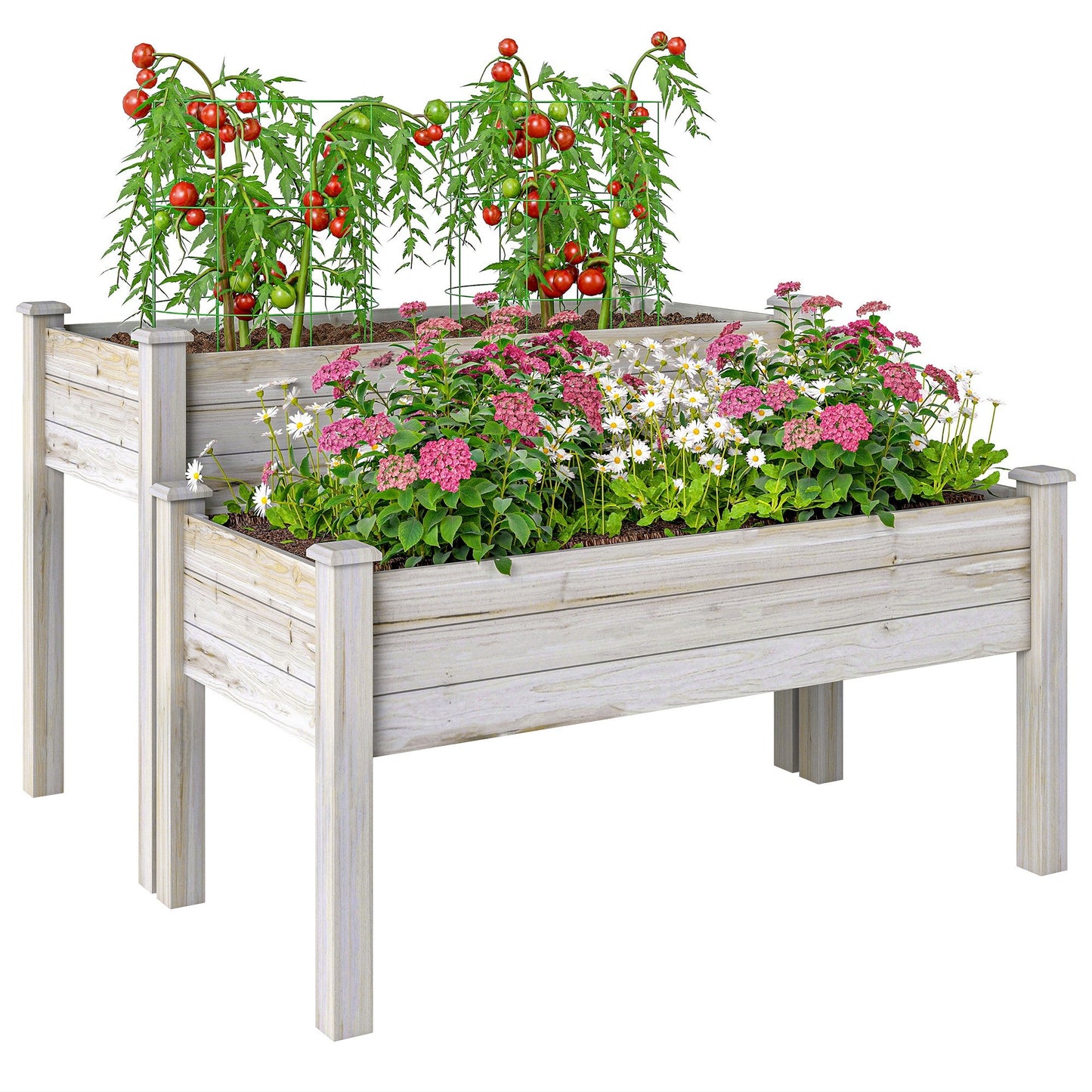 2 Tiers Raised Garden Bed, Wooden Elevated Planter Box with Legs Gardening Planting Bed with 2 Compartments for Flower Vegetable Herb Grow, Natural
