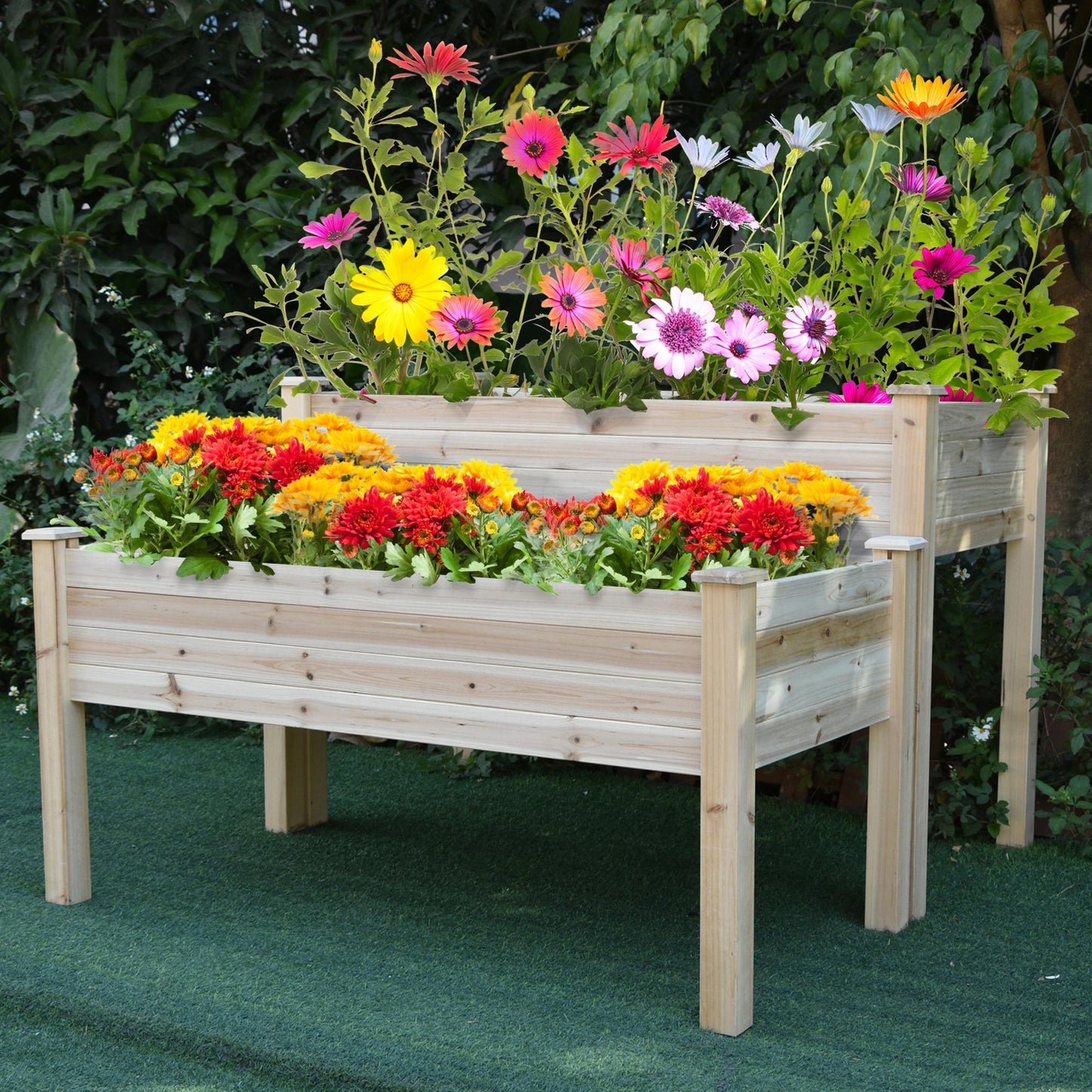 2 Tiers Raised Garden Bed, Wooden Elevated Planter Box with Legs Gardening Planting Bed with 2 Compartments for Flower Vegetable Herb Grow, Natural