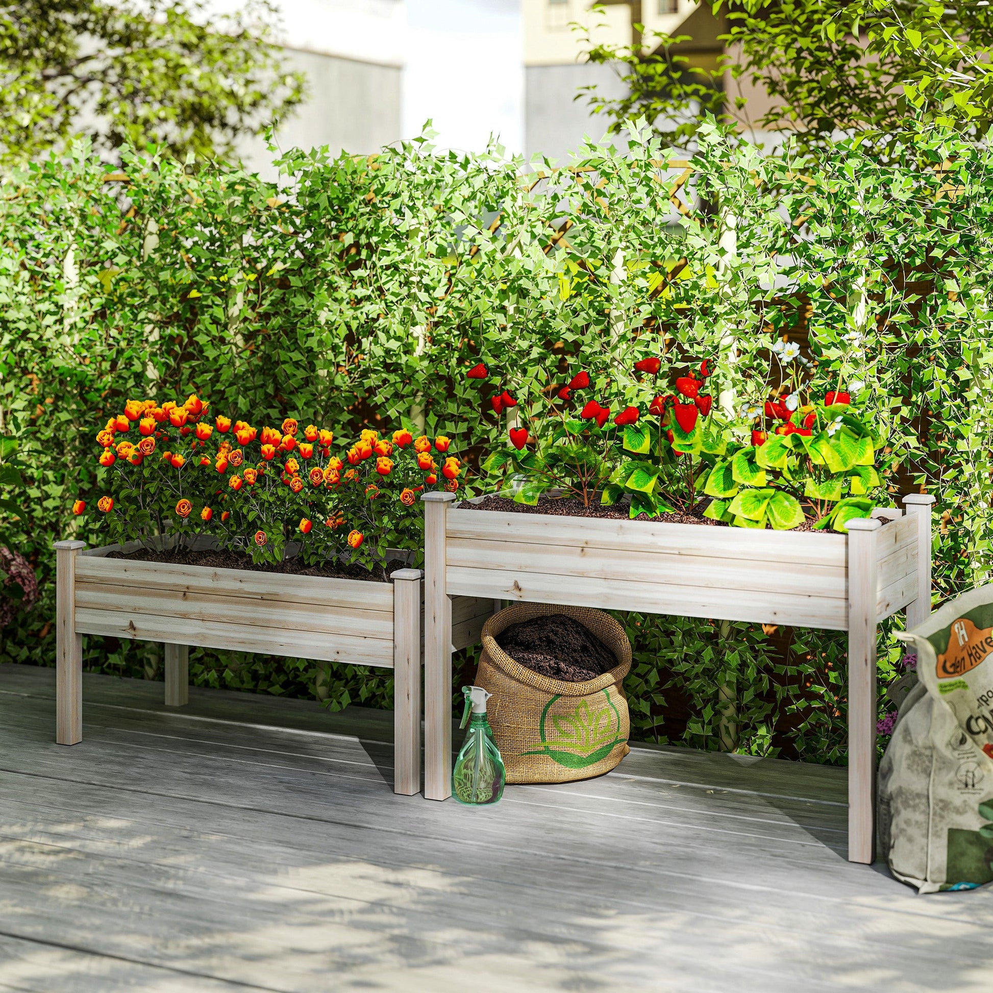 2 Tiers Raised Garden Bed, Wooden Elevated Planter Box with Legs Gardening Planting Bed with 2 Compartments for Flower Vegetable Herb Grow, Natural