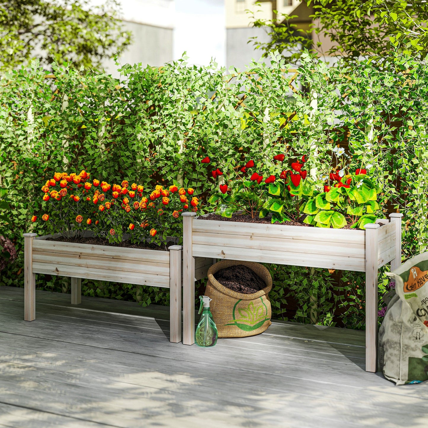 2 Tiers Raised Garden Bed, Wooden Elevated Planter Box with Legs Gardening Planting Bed with 2 Compartments for Flower Vegetable Herb Grow, Natural