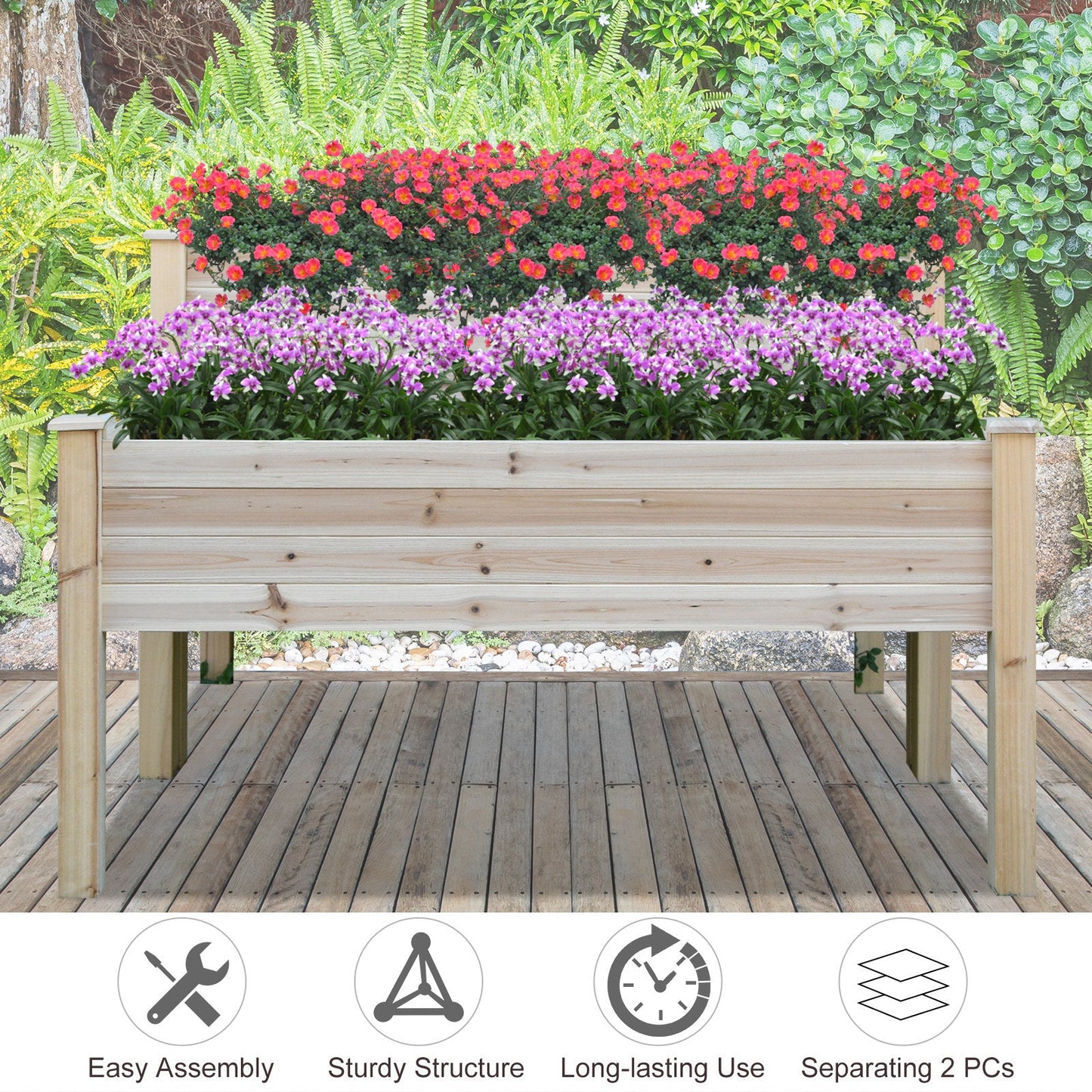 2 Tiers Raised Garden Bed, Wooden Elevated Planter Box with Legs Gardening Planting Bed with 2 Compartments for Flower Vegetable Herb Grow, Natural