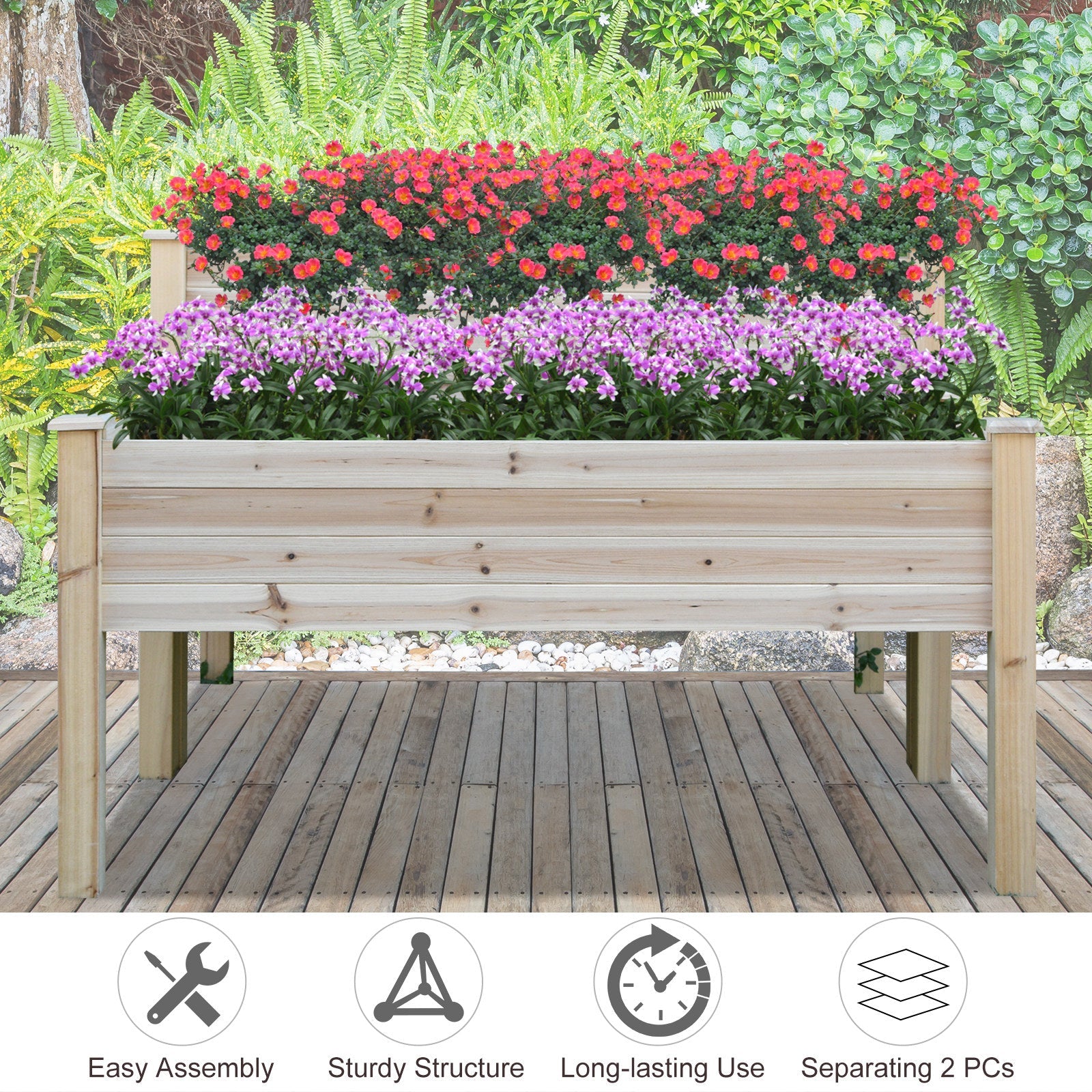 2 Tiers Raised Garden Bed, Wooden Elevated Planter Box with Legs Gardening Planting Bed with 2 Compartments for Flower Vegetable Herb Grow, Natural