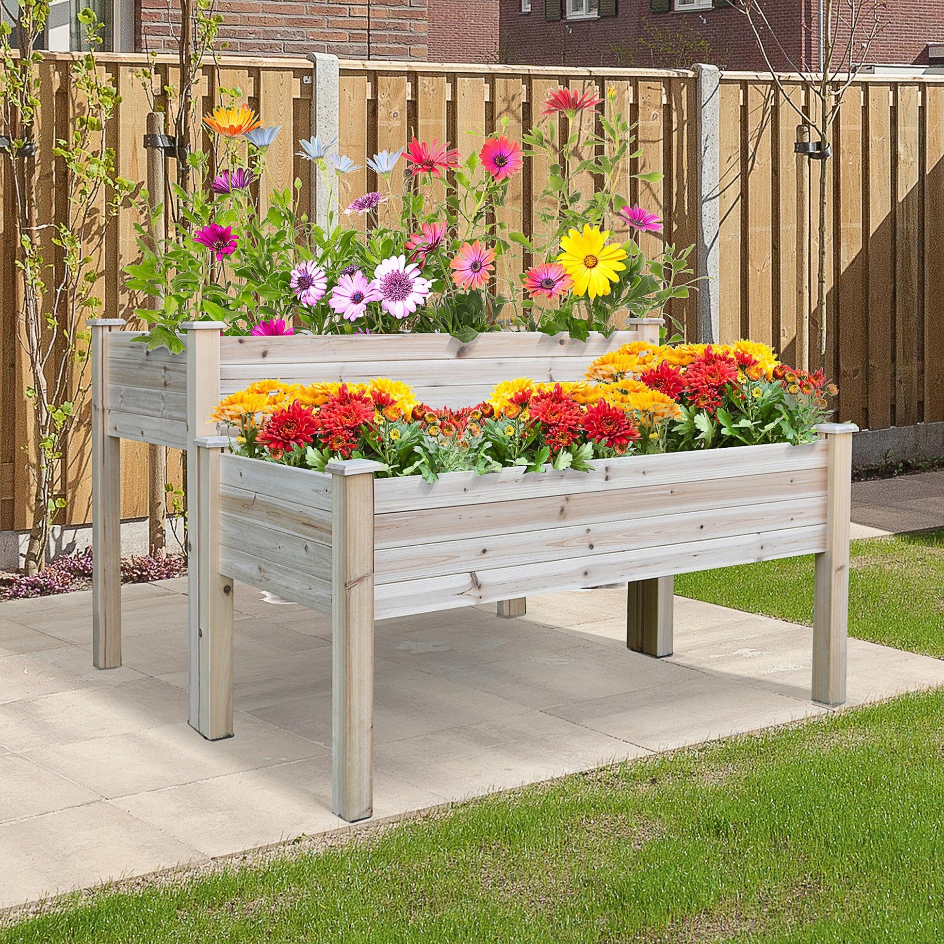 2 Tiers Raised Garden Bed, Wooden Elevated Planter Box with Legs Gardening Planting Bed with 2 Compartments for Flower Vegetable Herb Grow, Natural