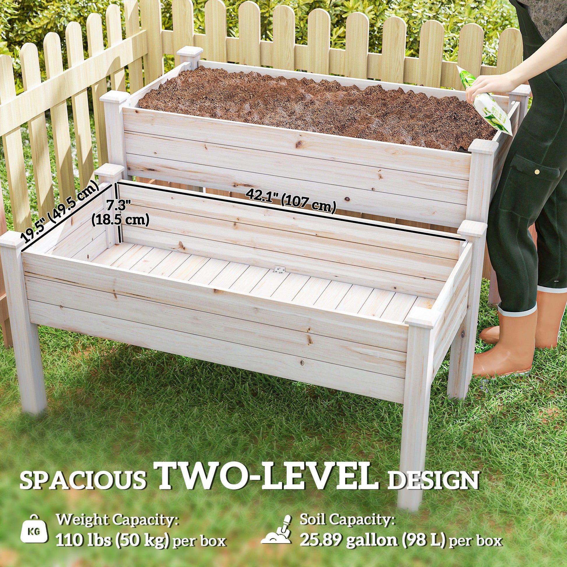 2 Tiers Raised Garden Bed, Wooden Elevated Planter Box with Legs Gardening Planting Bed with 2 Compartments for Flower Vegetable Herb Grow, Natural