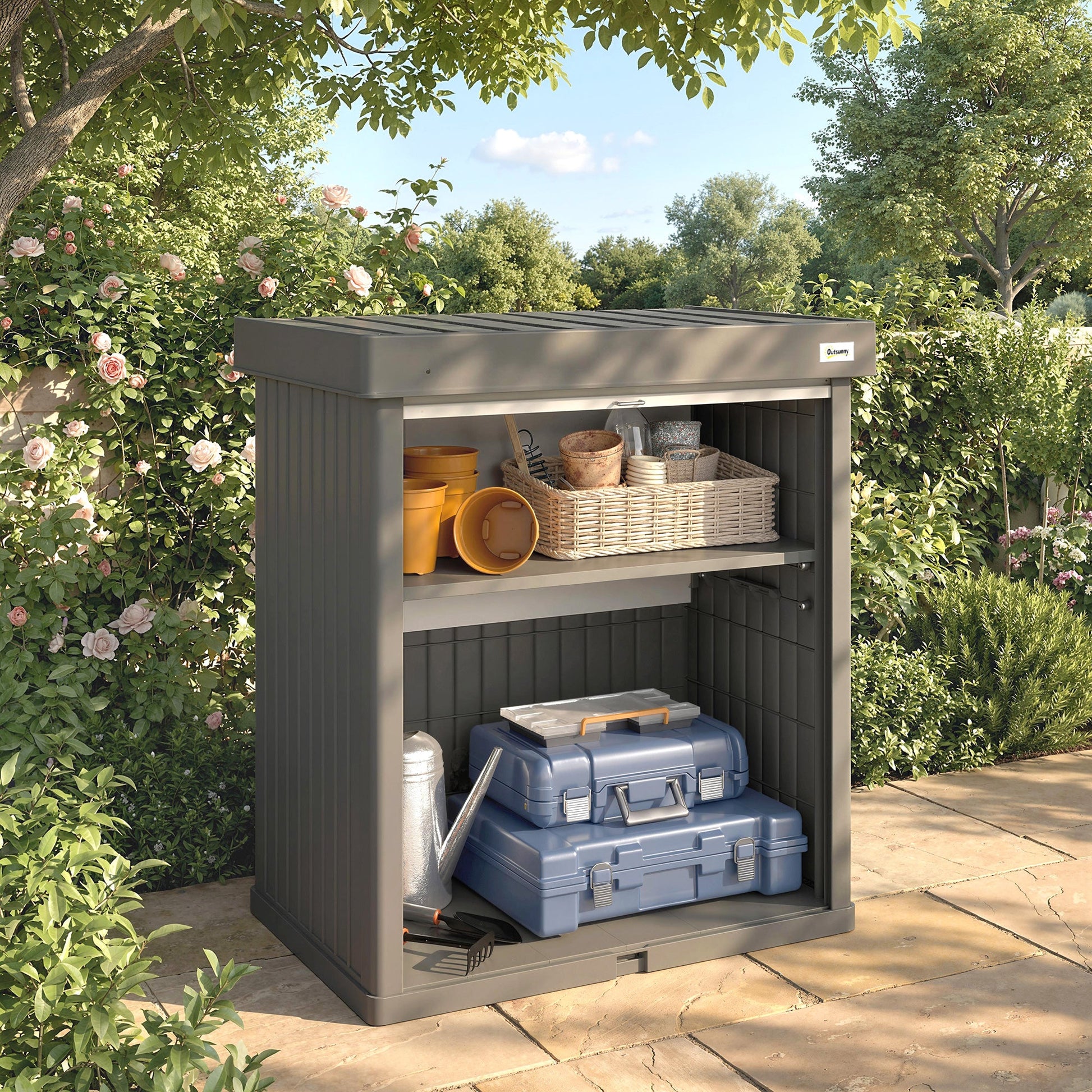 82 Gallon Outdoor Storage Box, Plastic Deck Box with Roll up Door and Removable Shelf, Splash-Resistant & UV Resistant Garden Storage Container for Patio, Porch, Grey