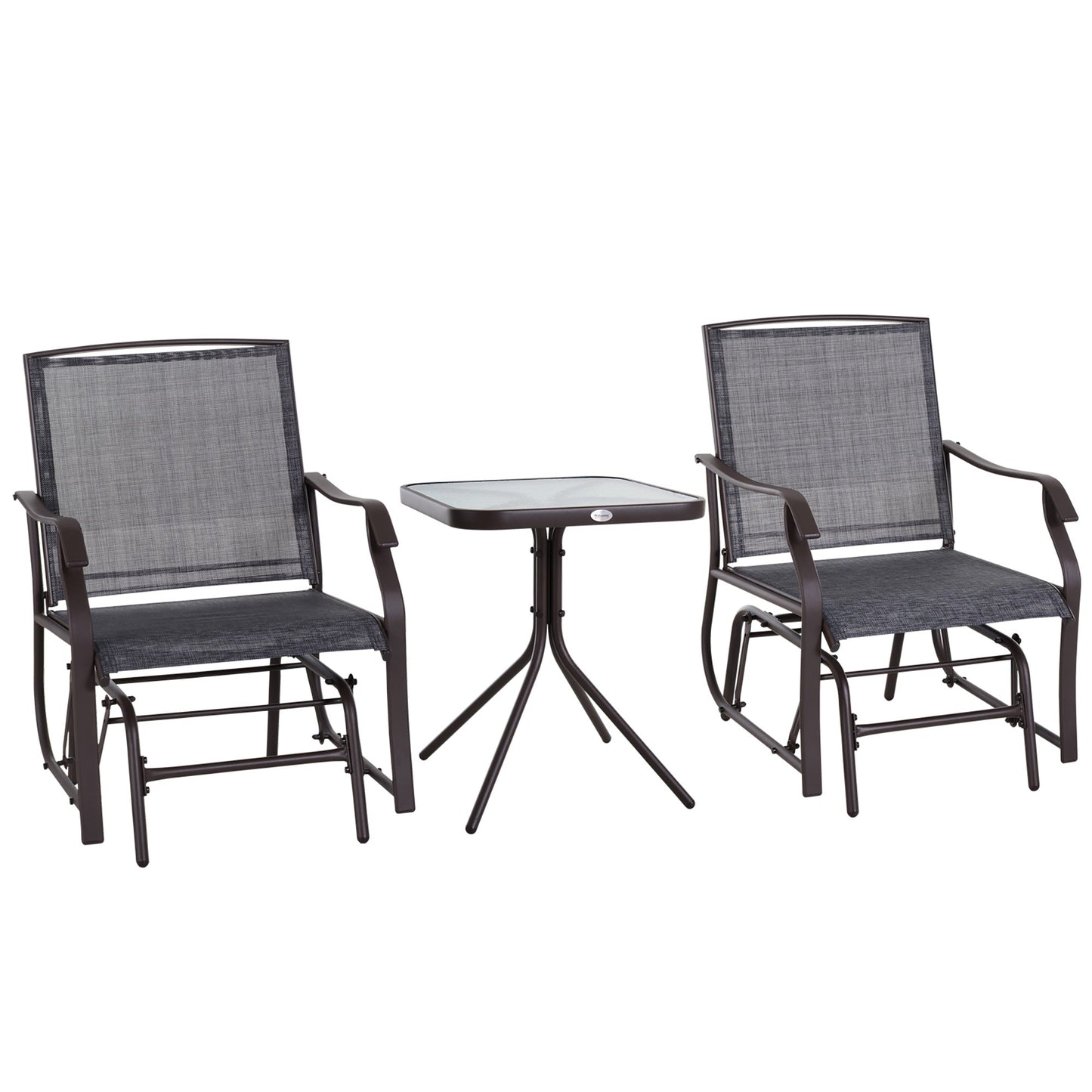 3 Piece Patio Glider Set, Outdoor Gliders with Glass Top Table, Breathable Mesh Seat, or Garden, Country Yard, Porch, Grey