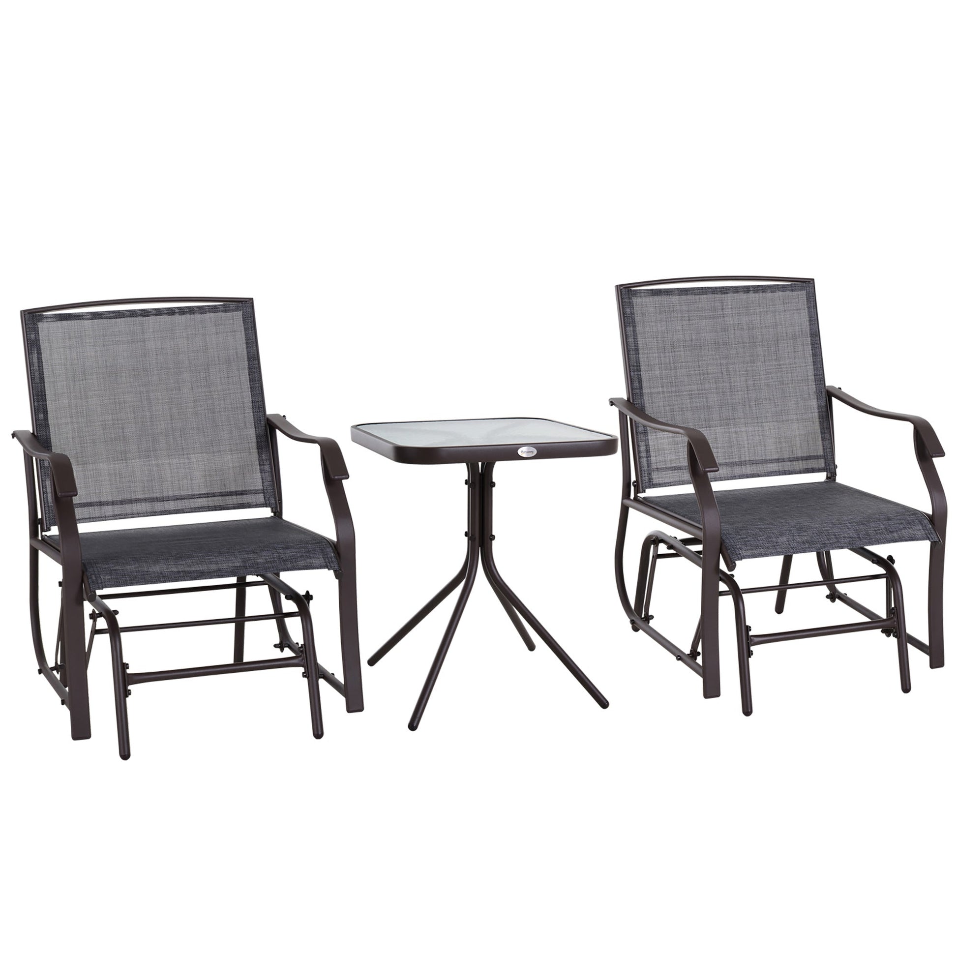 3 Piece Patio Glider Set, Outdoor Gliders with Glass Top Table, Breathable Mesh Seat, or Garden, Country Yard, Porch, Grey