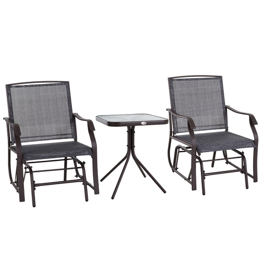 3 Piece Patio Glider Set, Outdoor Gliders with Glass Top Table, Breathable Mesh Seat, or Garden, Country Yard, Porch, Grey
