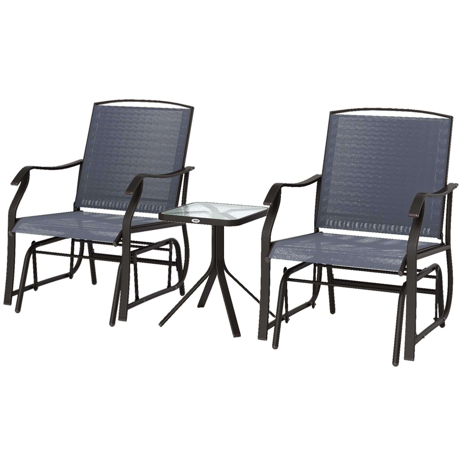 3 Piece Patio Glider Set, Outdoor Gliders with Glass Top Table, Breathable Mesh Seat, or Garden, Country Yard, Porch, Grey