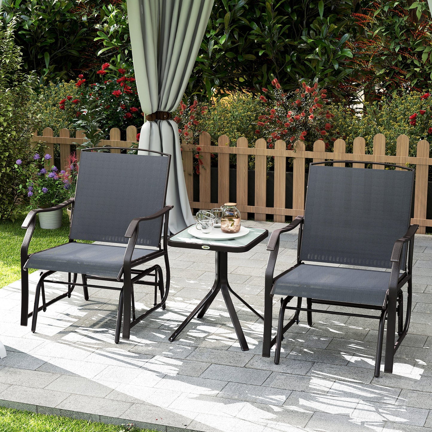 3 Piece Patio Glider Set, Outdoor Gliders with Glass Top Table, Breathable Mesh Seat, or Garden, Country Yard, Porch, Grey