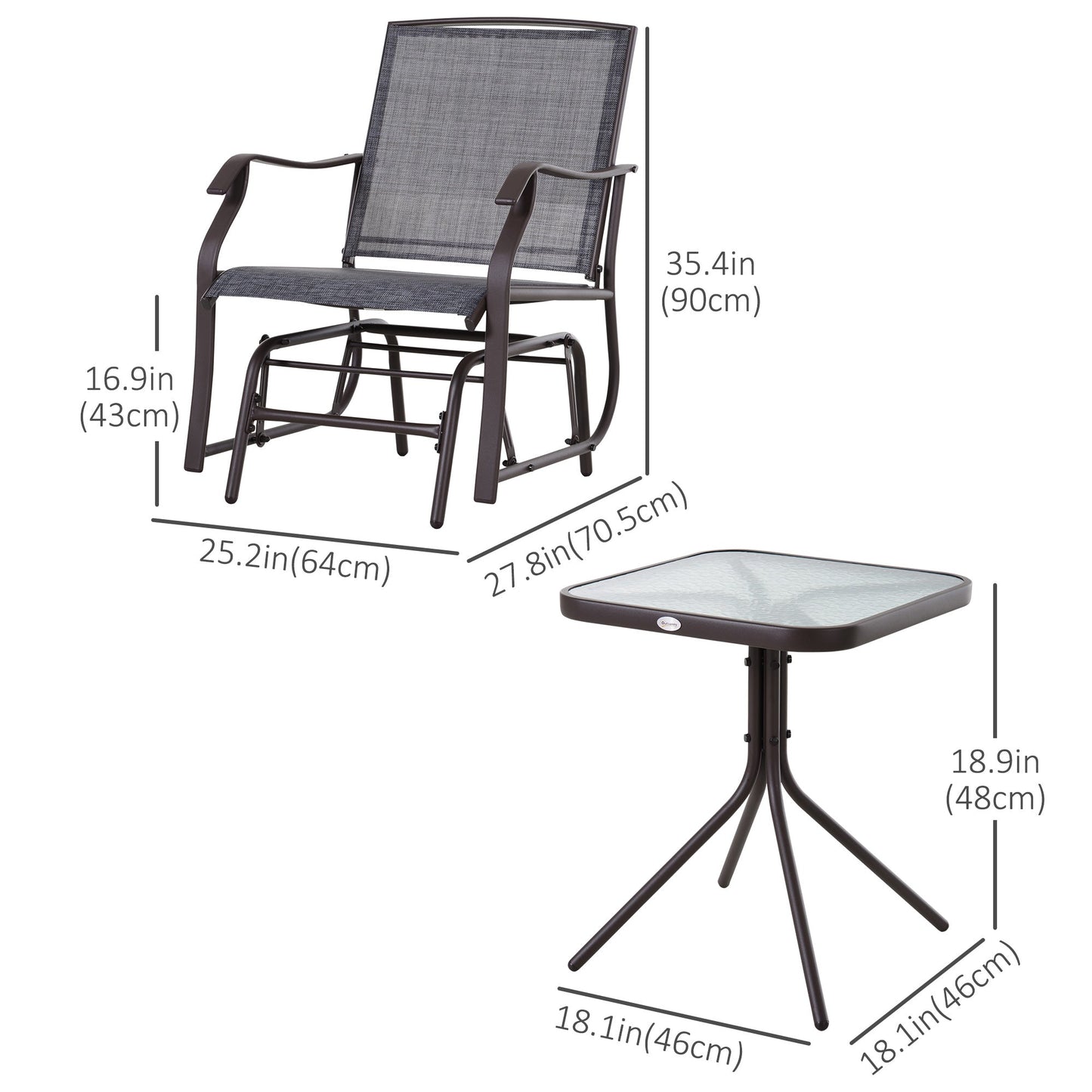 3 Piece Patio Glider Set, Outdoor Gliders with Glass Top Table, Breathable Mesh Seat, or Garden, Country Yard, Porch, Grey