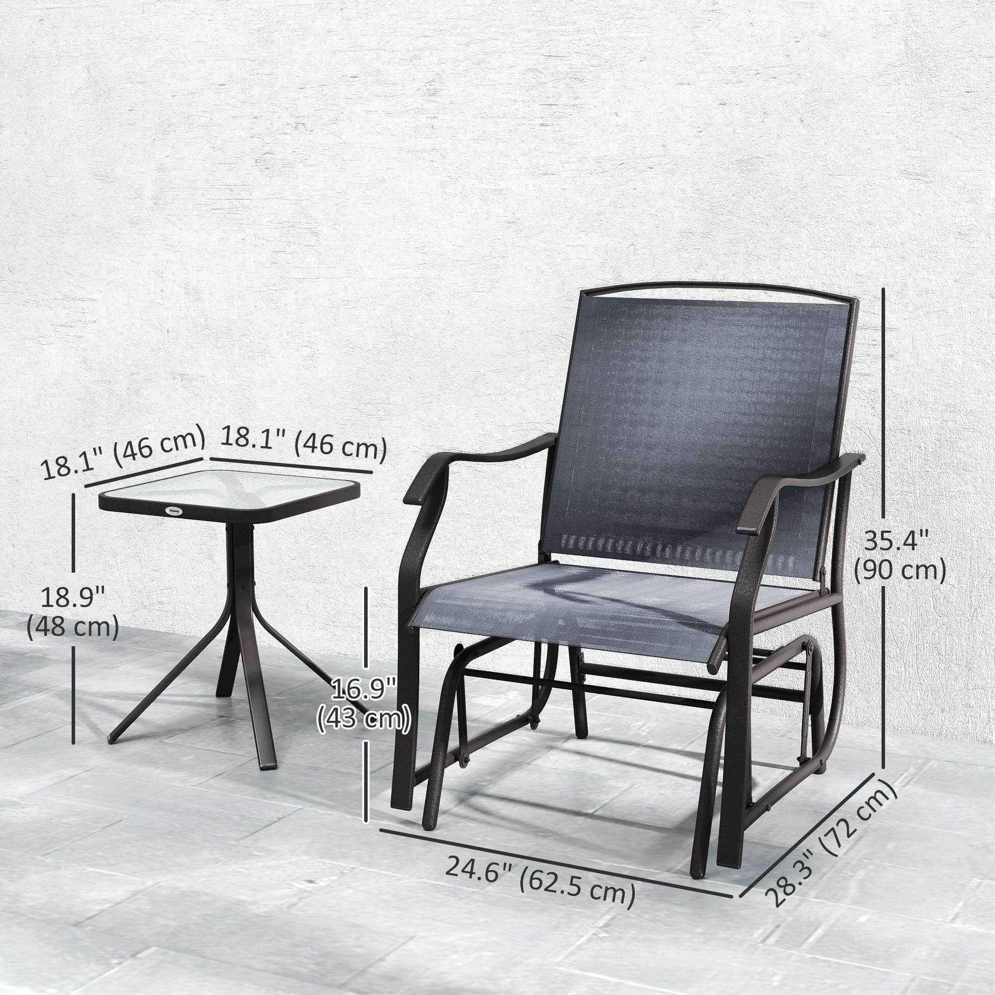 3 Piece Patio Glider Set, Outdoor Gliders with Glass Top Table, Breathable Mesh Seat, or Garden, Country Yard, Porch, Grey