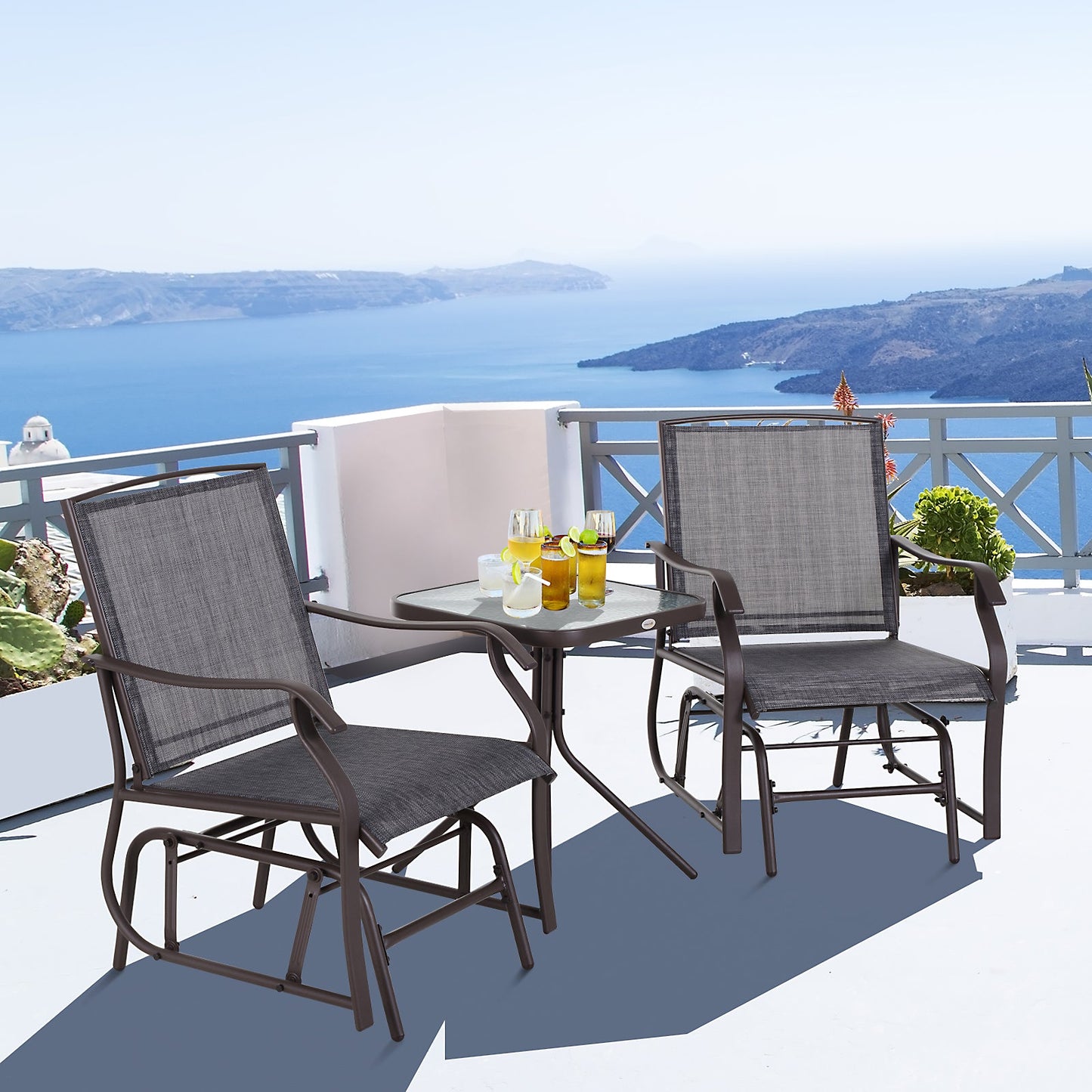 3 Piece Patio Glider Set, Outdoor Gliders with Glass Top Table, Breathable Mesh Seat, or Garden, Country Yard, Porch, Grey