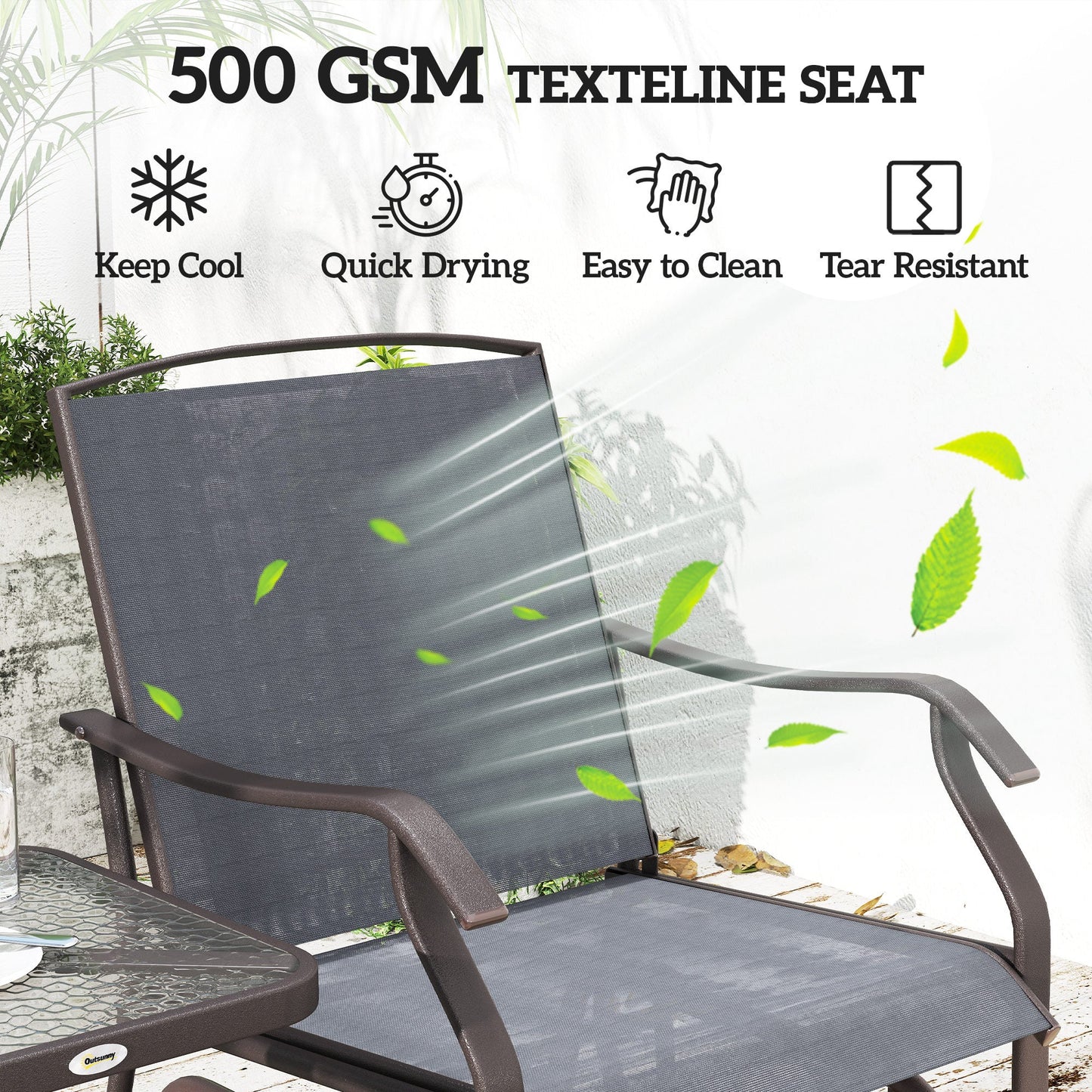 3 Piece Patio Glider Set, Outdoor Gliders with Glass Top Table, Breathable Mesh Seat, or Garden, Country Yard, Porch, Grey