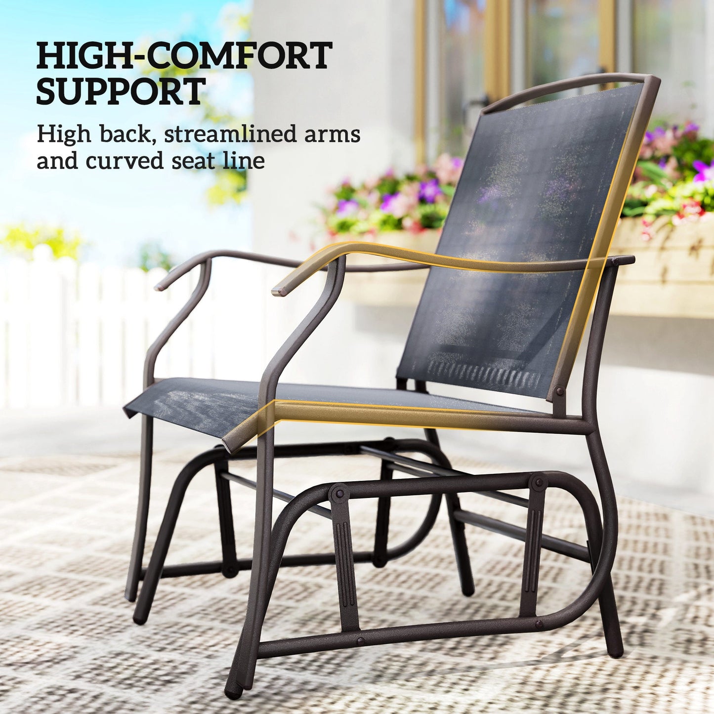 3 Piece Patio Glider Set, Outdoor Gliders with Glass Top Table, Breathable Mesh Seat, or Garden, Country Yard, Porch, Grey