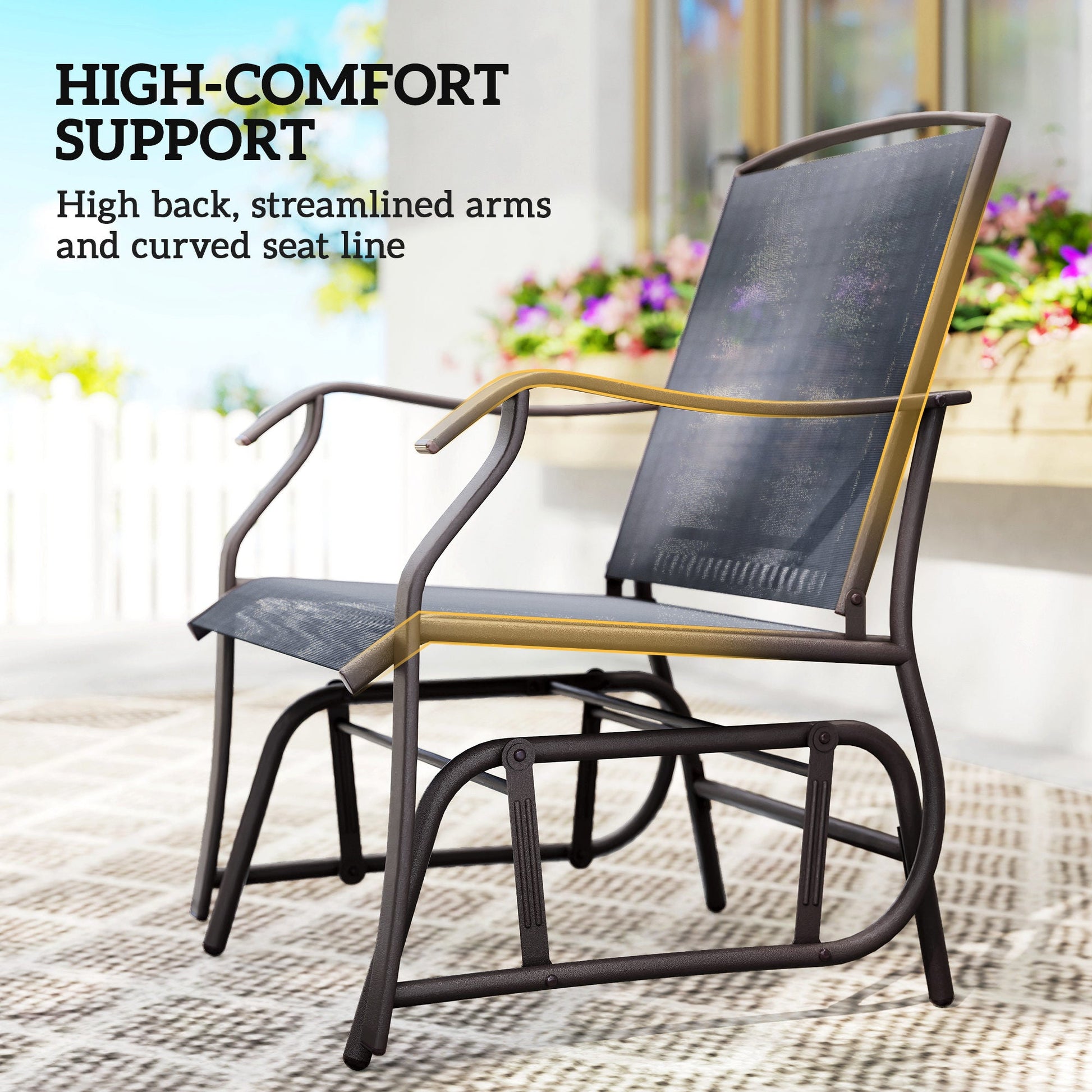 3 Piece Patio Glider Set, Outdoor Gliders with Glass Top Table, Breathable Mesh Seat, or Garden, Country Yard, Porch, Grey
