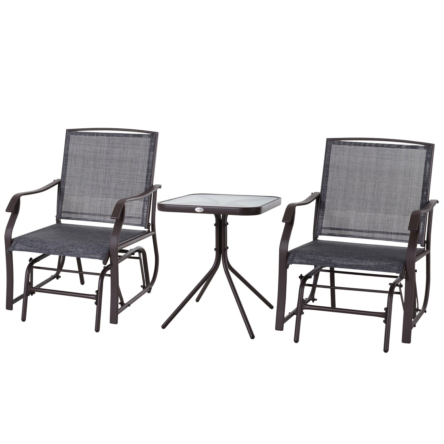 3 Piece Patio Glider Set, Outdoor Gliders with Glass Top Table, Breathable Mesh Seat, or Garden, Country Yard, Porch, Grey