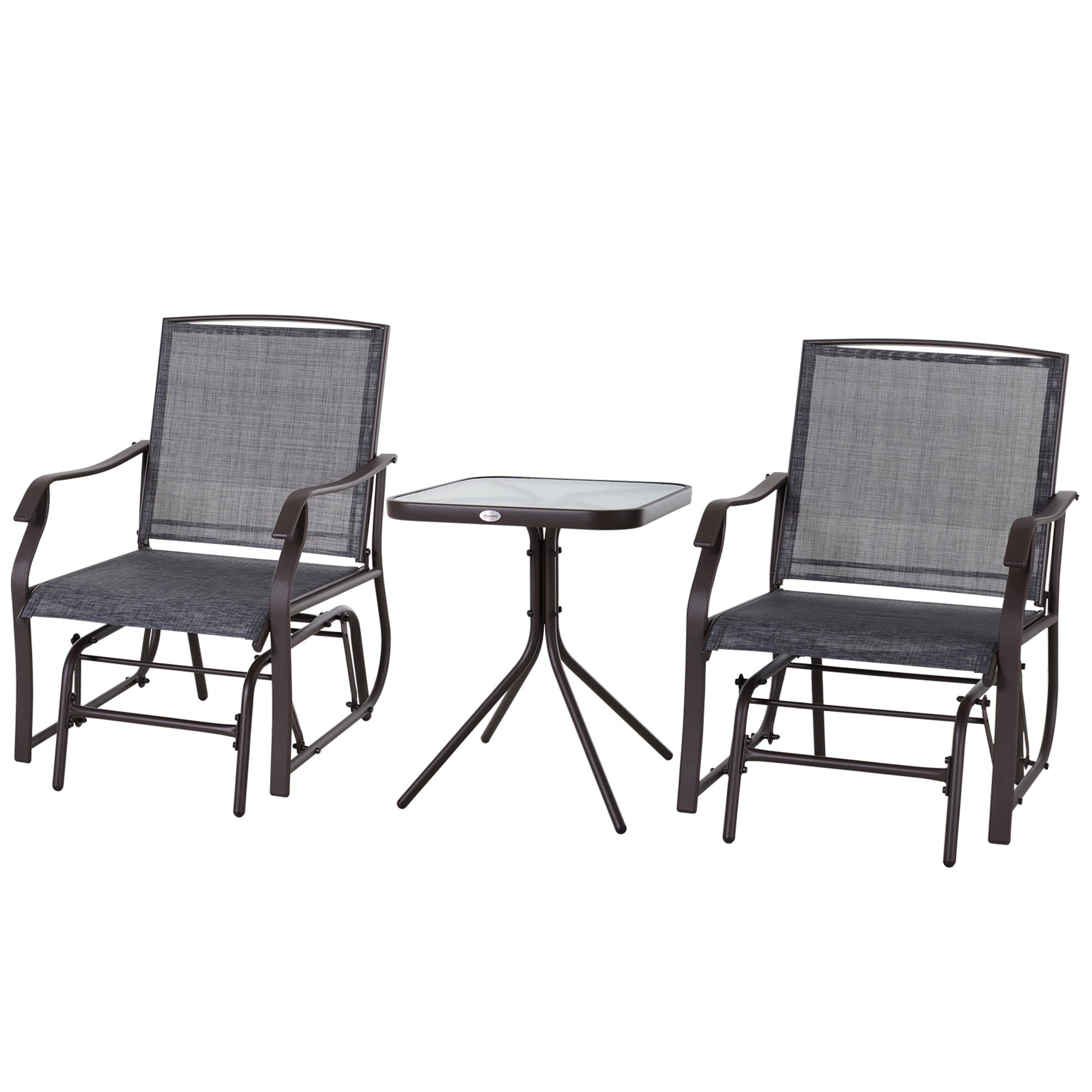 3 Piece Patio Glider Set, Outdoor Gliders with Glass Top Table, Breathable Mesh Seat, or Garden, Country Yard, Porch, Grey