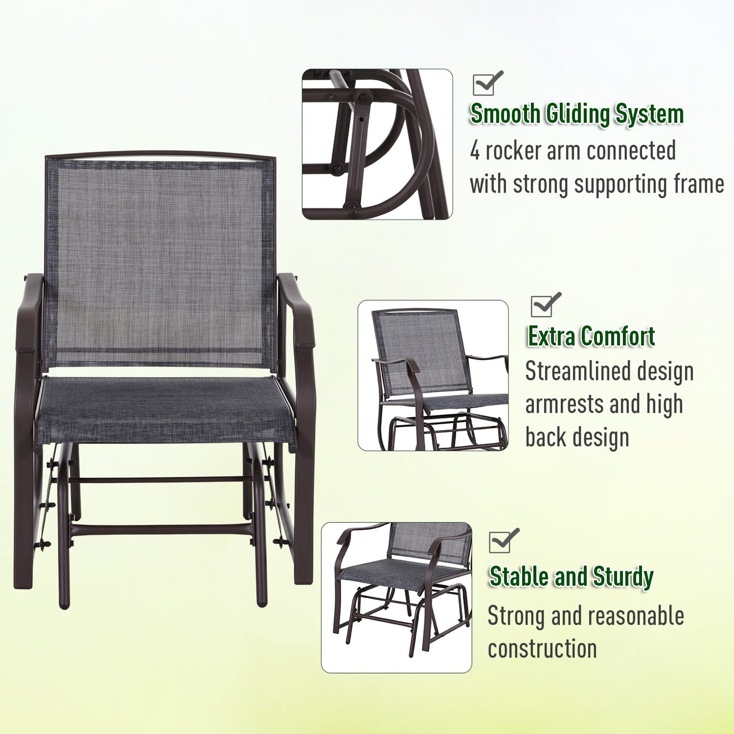3 Piece Patio Glider Set, Outdoor Gliders with Glass Top Table, Breathable Mesh Seat, or Garden, Country Yard, Porch, Grey