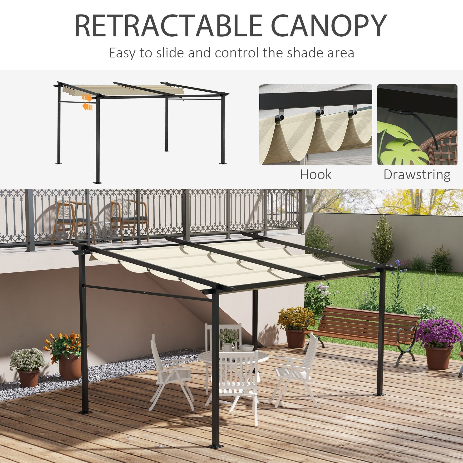 10' x 13' Metal Pergola with Sliding Roof Canopy, Retractable Pergola Canopy for Outdoor, Patio, Beige