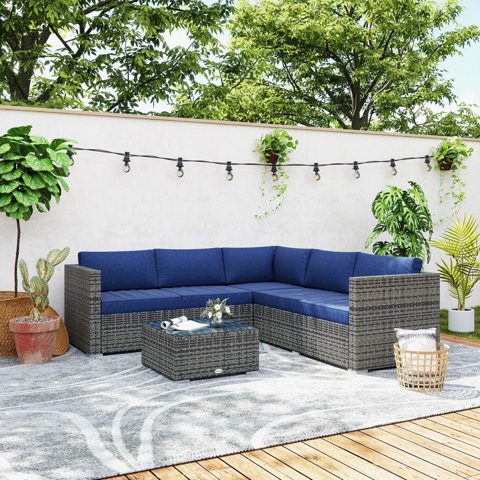 4 Pieces Garden Rattan Furniture Set, Wicker Patio Furniture Outdoor Conversation Set with Corner Sofa Loveseats Coffee Table Cushions for Backyard Pool, Navy Blue