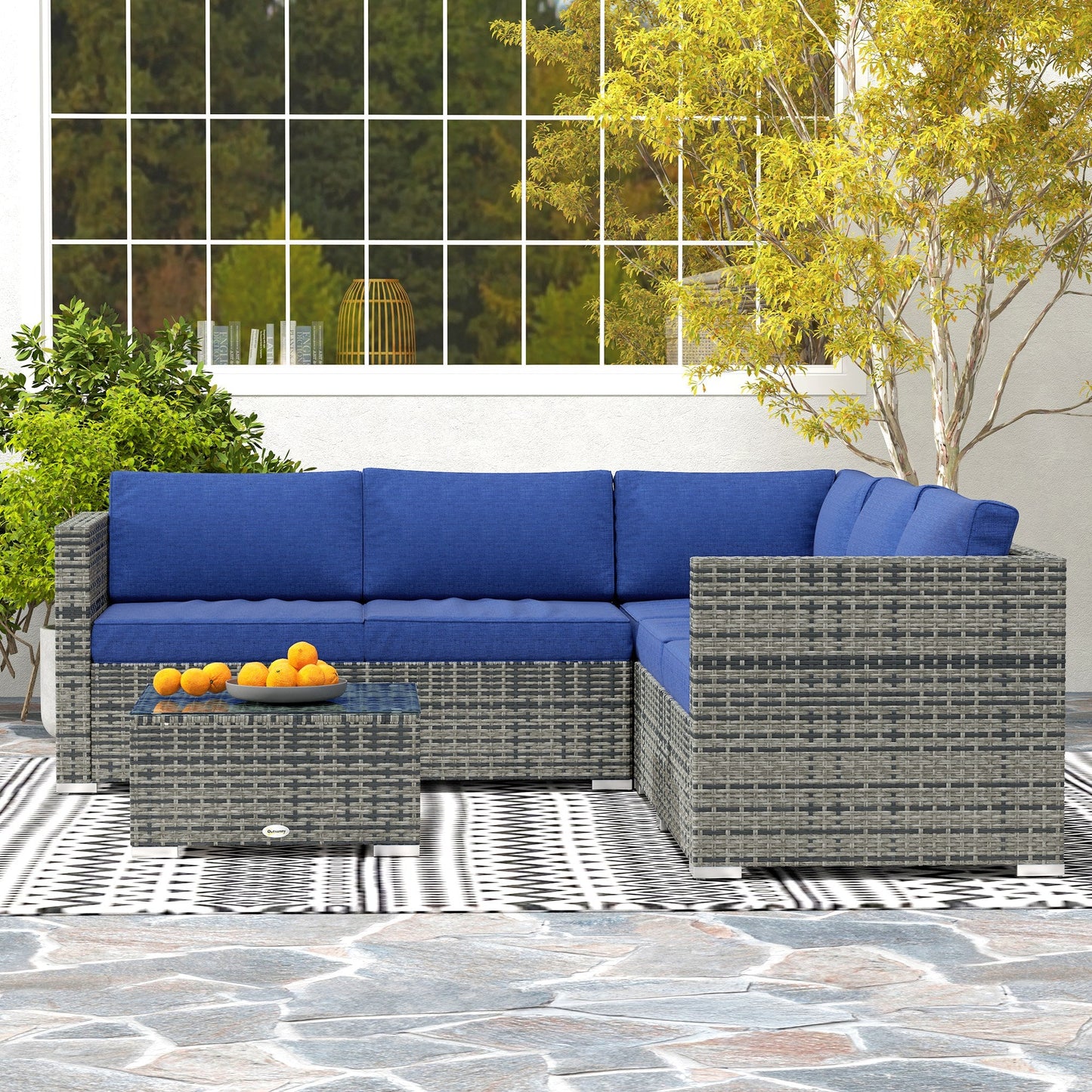 4 Pieces Garden Rattan Furniture Set, Wicker Patio Furniture Outdoor Conversation Set with Corner Sofa Loveseats Coffee Table Cushions for Backyard Pool, Navy Blue