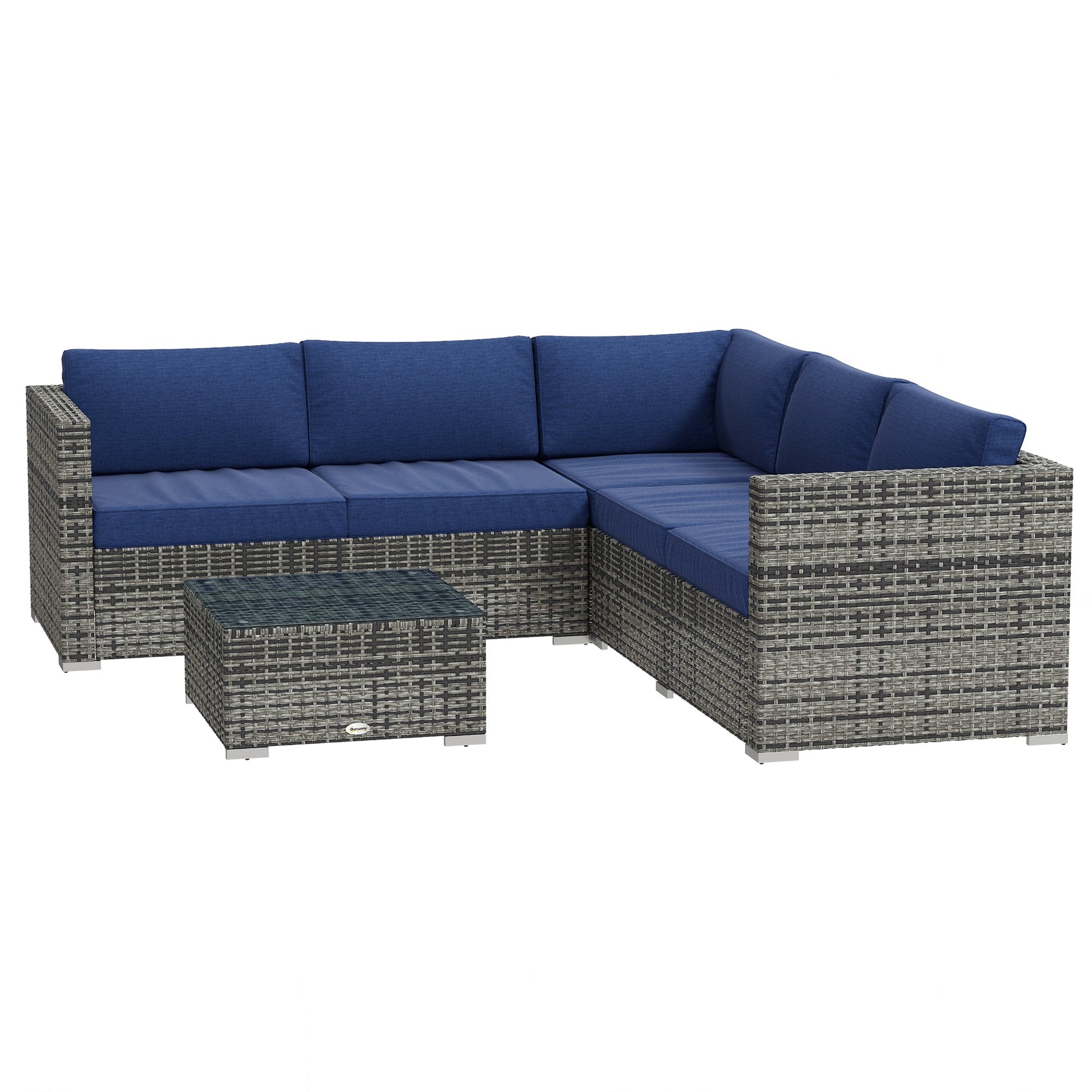 4 Pieces Garden Rattan Furniture Set, Wicker Patio Furniture Outdoor Conversation Set with Corner Sofa Loveseats Coffee Table Cushions for Backyard Pool, Navy Blue