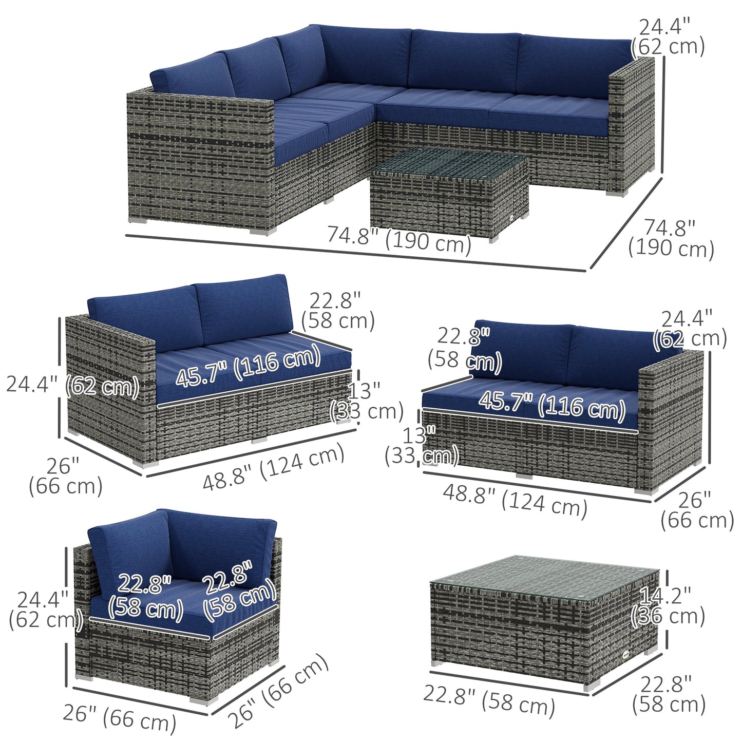 4 Pieces Garden Rattan Furniture Set, Wicker Patio Furniture Outdoor Conversation Set with Corner Sofa Loveseats Coffee Table Cushions for Backyard Pool, Navy Blue