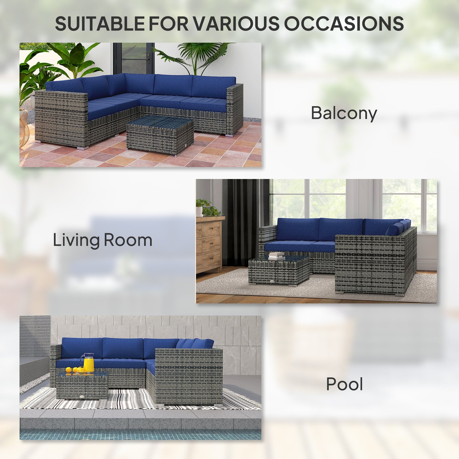 4 Pieces Garden Rattan Furniture Set, Wicker Patio Furniture Outdoor Conversation Set with Corner Sofa Loveseats Coffee Table Cushions for Backyard Pool, Navy Blue