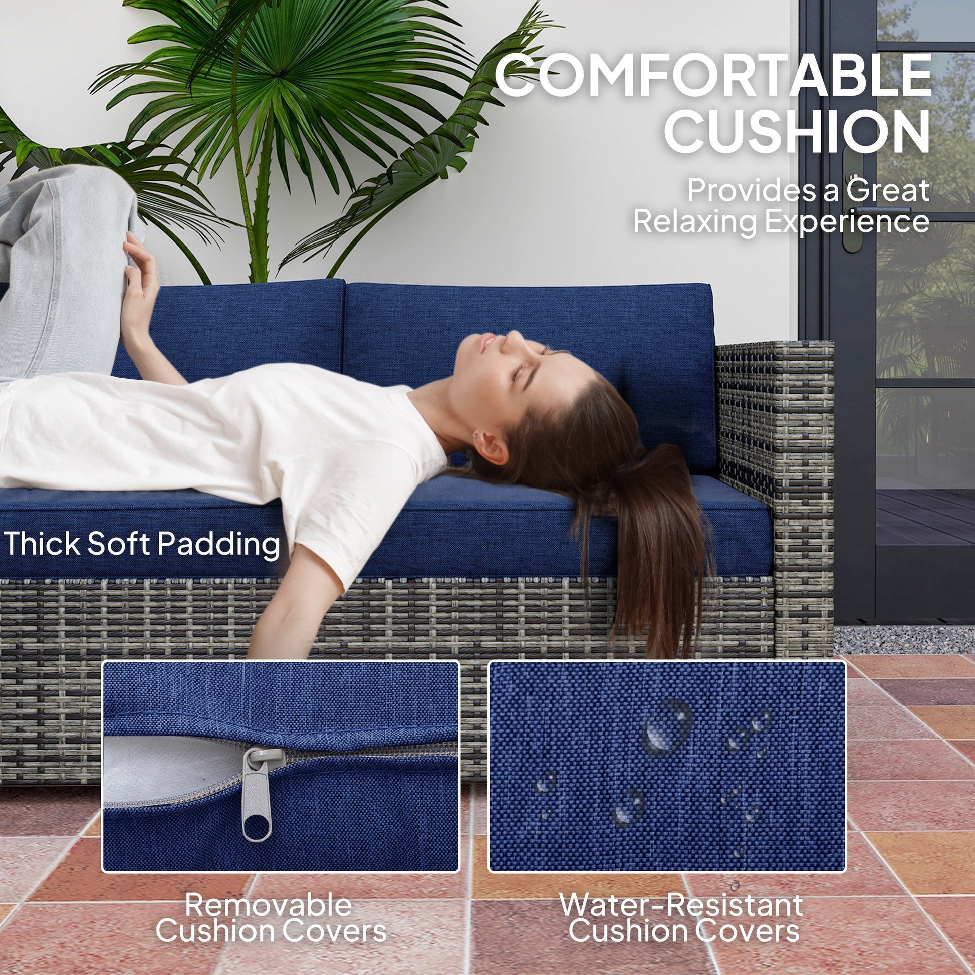 4 Pieces Garden Rattan Furniture Set, Wicker Patio Furniture Outdoor Conversation Set with Corner Sofa Loveseats Coffee Table Cushions for Backyard Pool, Navy Blue