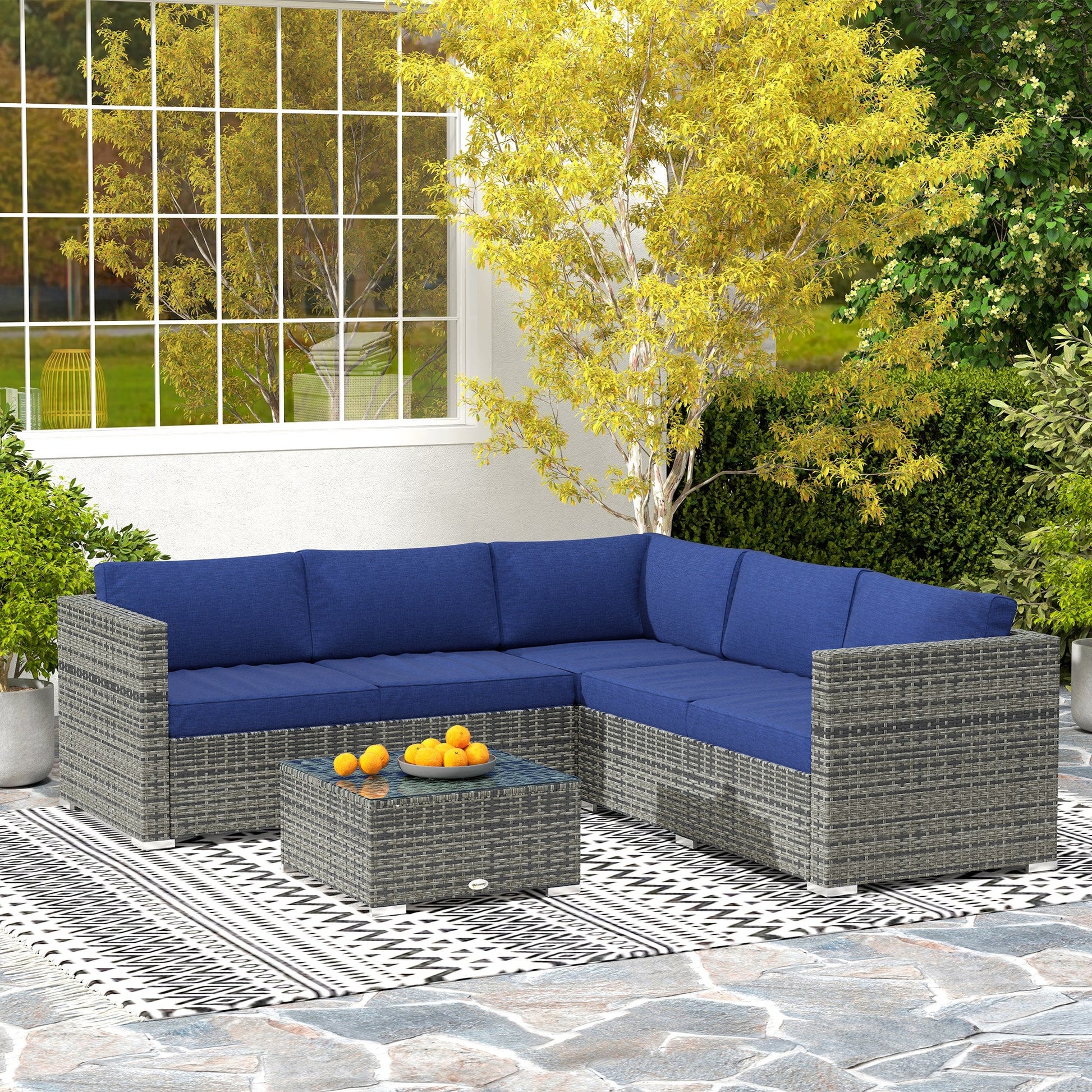 4 Pieces Garden Rattan Furniture Set, Wicker Patio Furniture Outdoor Conversation Set with Corner Sofa Loveseats Coffee Table Cushions for Backyard Pool, Navy Blue