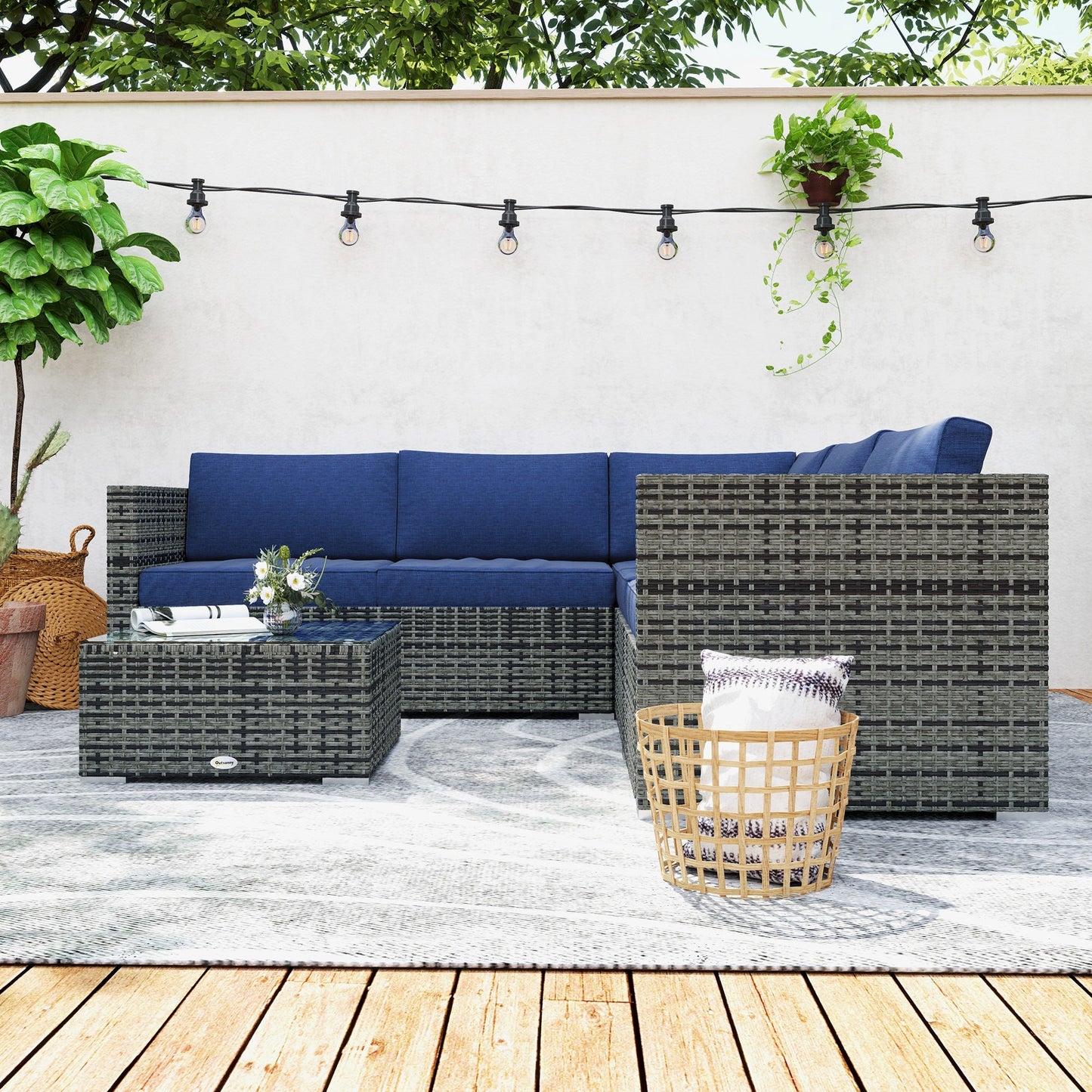 4 Pieces Garden Rattan Furniture Set, Wicker Patio Furniture Outdoor Conversation Set with Corner Sofa Loveseats Coffee Table Cushions for Backyard Pool, Navy Blue