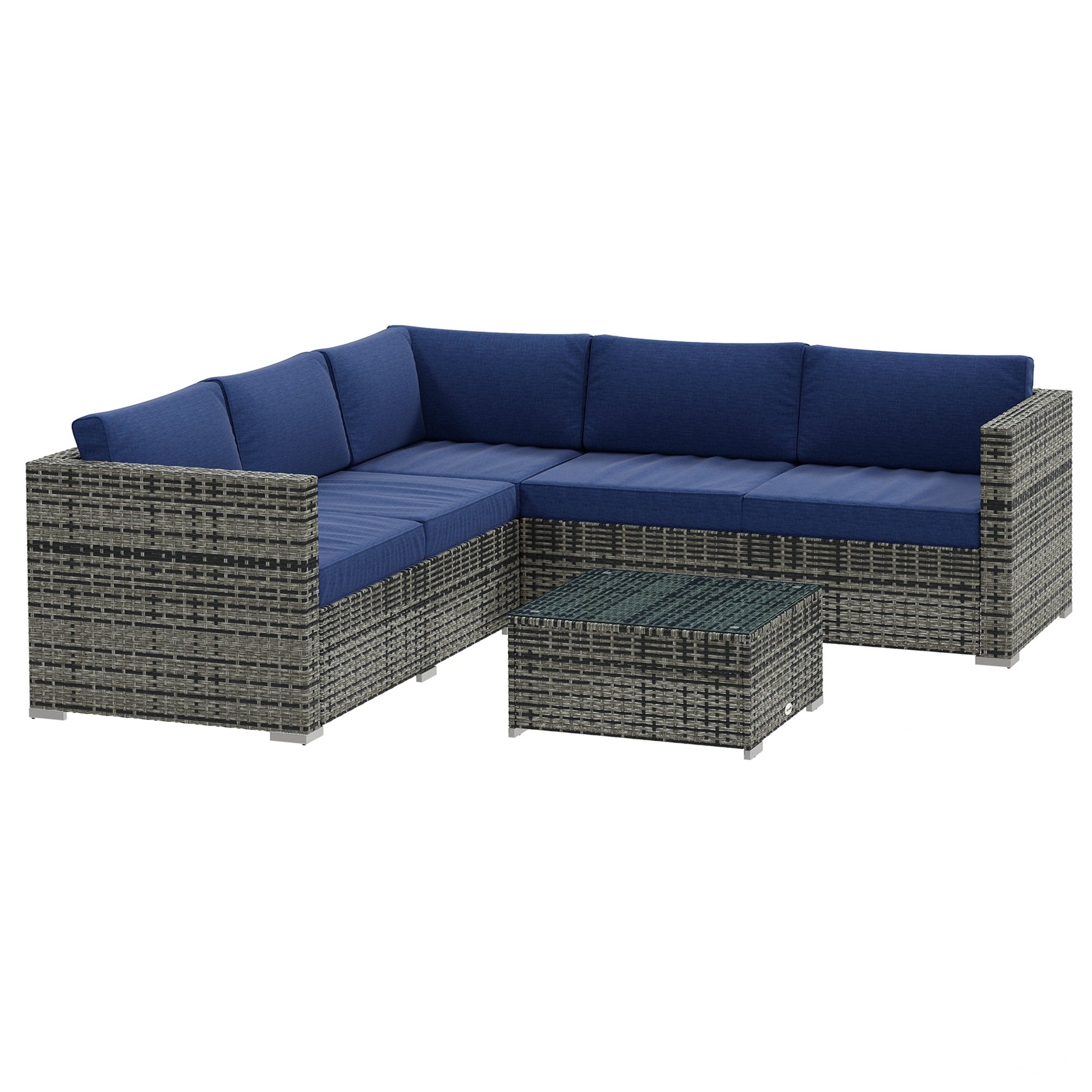 4 Pieces Garden Rattan Furniture Set, Wicker Patio Furniture Outdoor Conversation Set with Corner Sofa Loveseats Coffee Table Cushions for Backyard Pool, Navy Blue