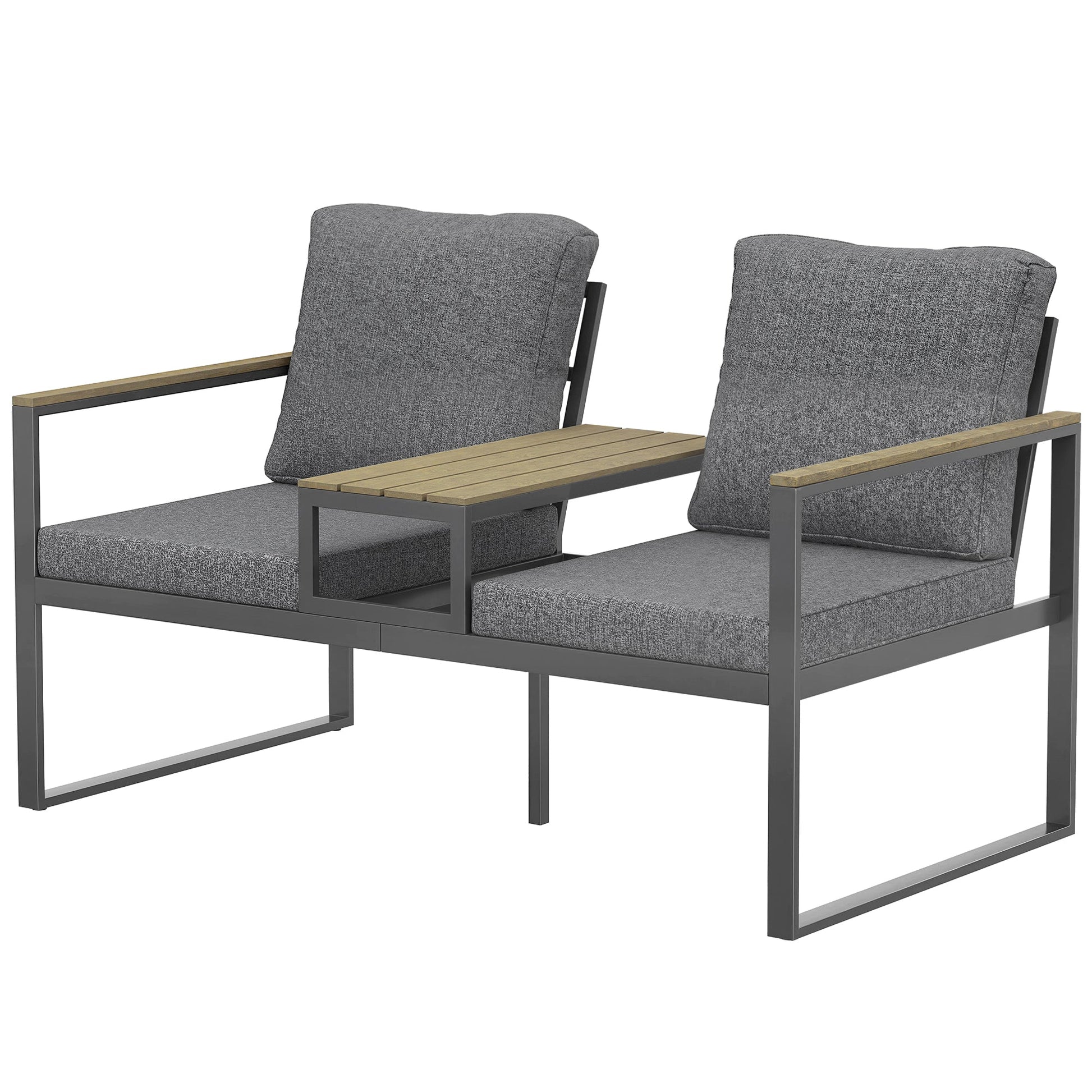 Outdoor Garden Bench, Patio Bench with Metal Frame, Integrated Center Table and Thick Cushions, 2-Seat Patio Loveseat, Light Grey
