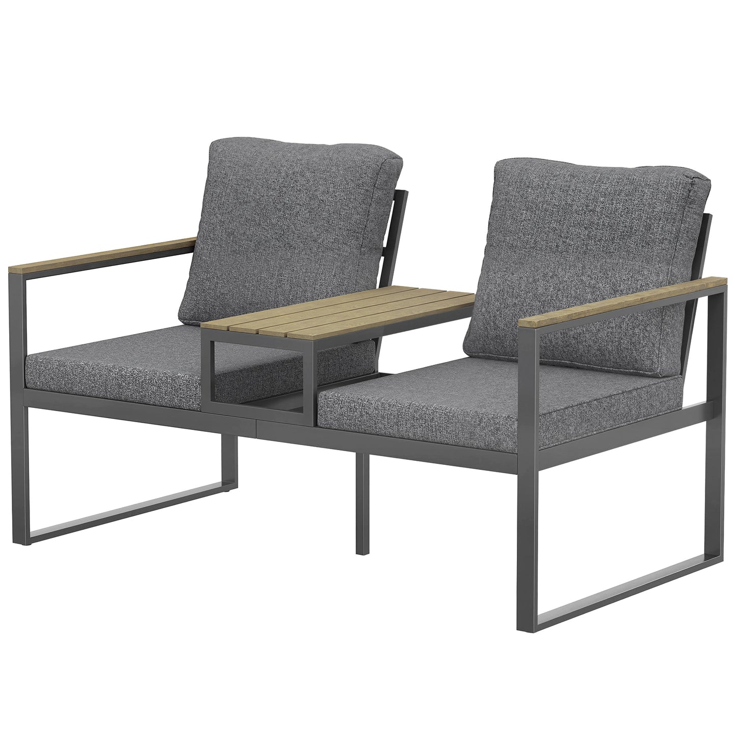 Outdoor Garden Bench, Patio Bench with Metal Frame, Integrated Center Table and Thick Cushions, 2-Seat Patio Loveseat, Light Grey