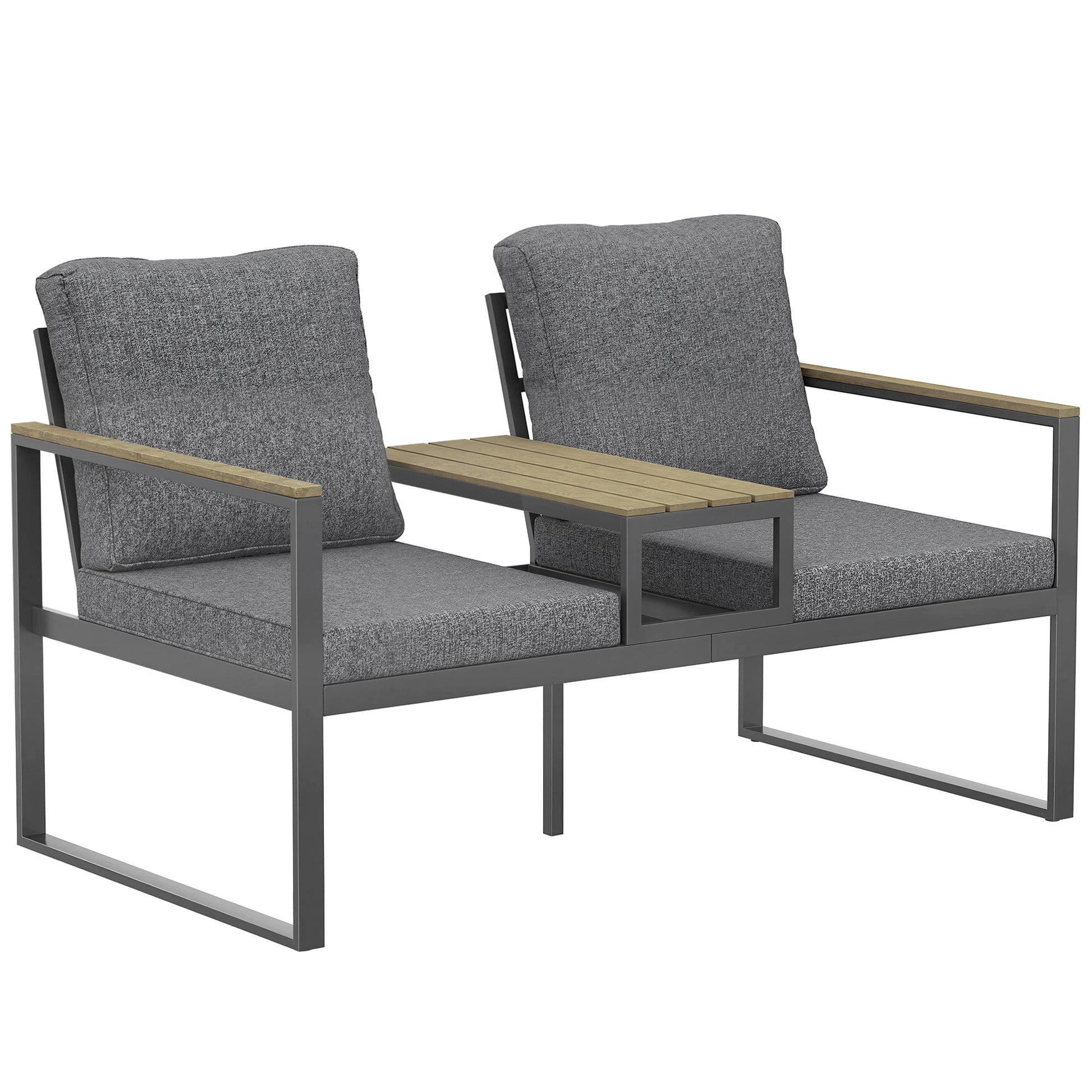 Outdoor Garden Bench, Patio Bench with Metal Frame, Integrated Center Table and Thick Cushions, 2-Seat Patio Loveseat, Light Grey
