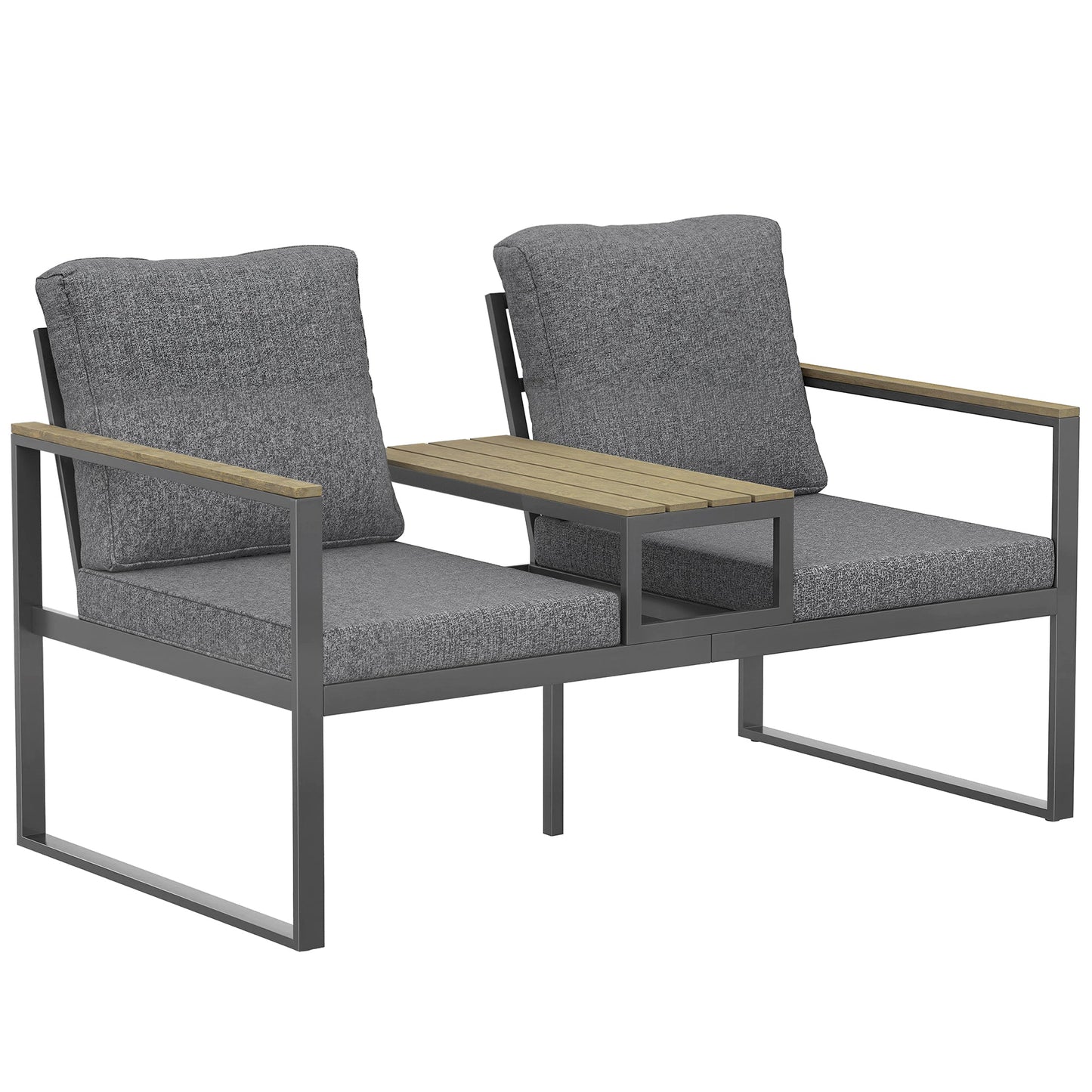 Outdoor Garden Bench, Patio Bench with Metal Frame, Integrated Center Table and Thick Cushions, 2-Seat Patio Loveseat, Light Grey