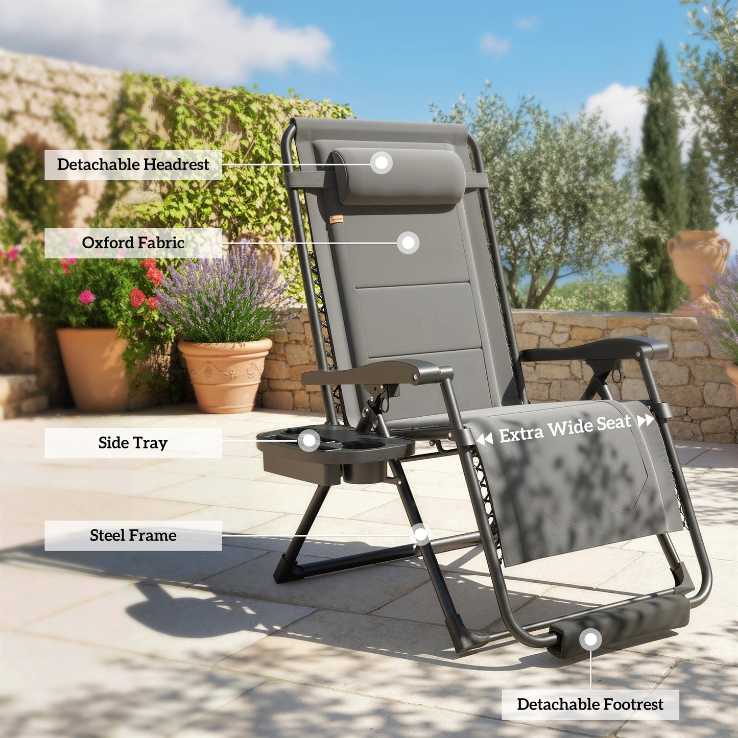 Zero Gravity Lounger Chair, Padded Folding Reclining Patio Chair with Cup Holder, Detachable Headrest, Extra Wide Seat, 400 LBS Capacity for Pool, Camping, Dark Grey