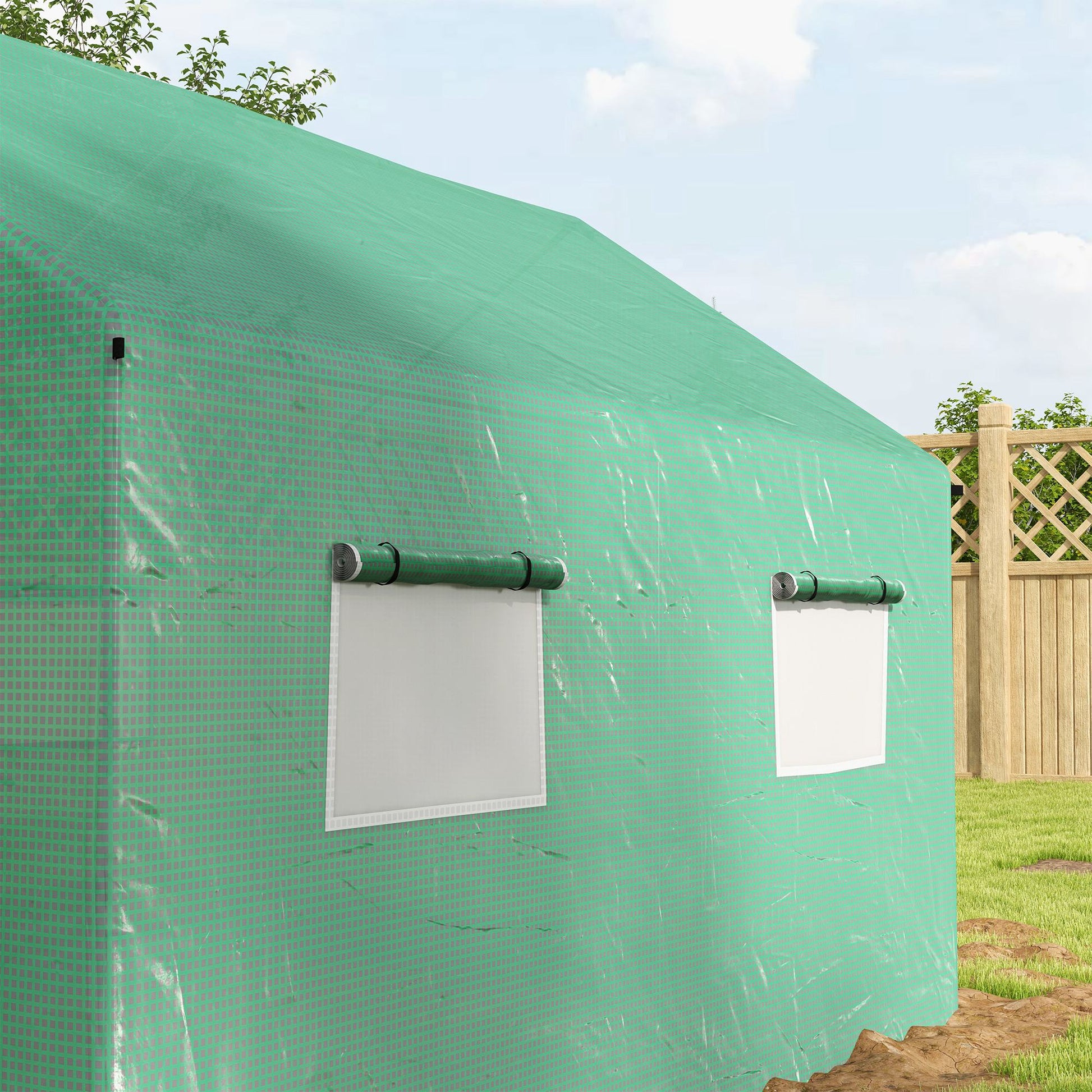 6.6' x 10' x 6.6' Tunnel Greenhouse with Roll-up Door and Mesh Windows, Walk-in Green House with PE Cover and Steel Frame, Garden Plants Growing Warm House Tent, Green