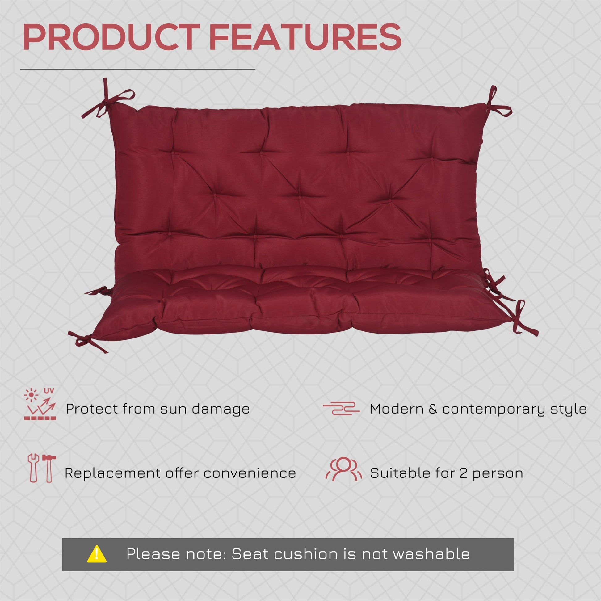 Porch Swing Cushion Garden Bench Cushion with Backrest, Non-Slip 2-Seater Thick Pad, Swing Chair Mat Replacement for Indoor and Outdoor, 39.4" x 38.6", Wine Red
