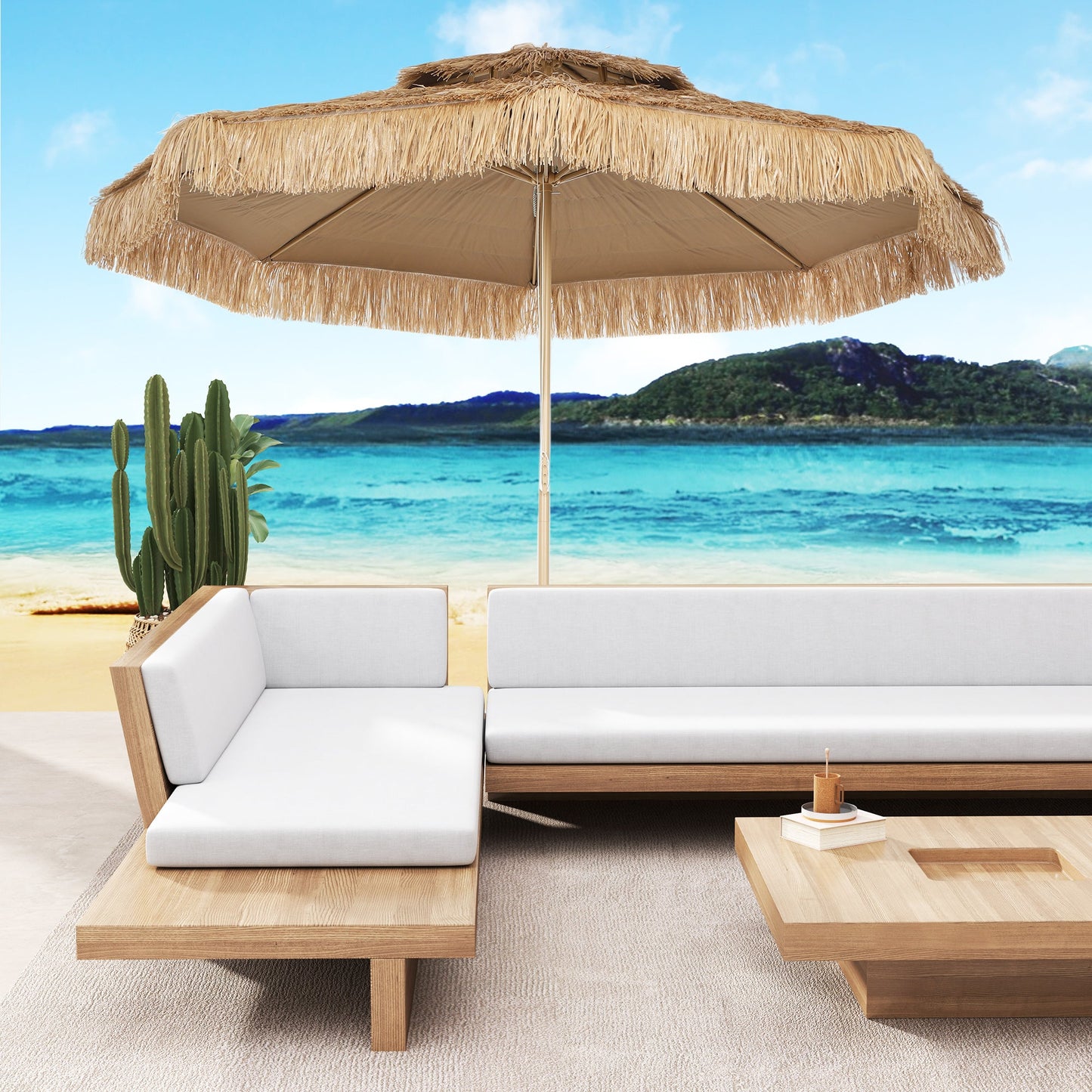 10FT Hula Thatched Tiki Patio Umbrella, 2-Tier Tropical Hawaiian Style Outdoor Umbrella with 8 Ribs, UPF30+, for Garden, Backyard, Deck, Pool, Natural